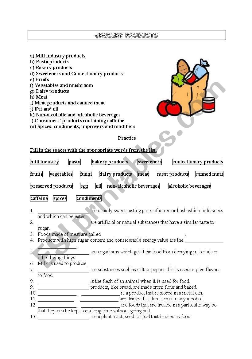 Grocery products worksheet