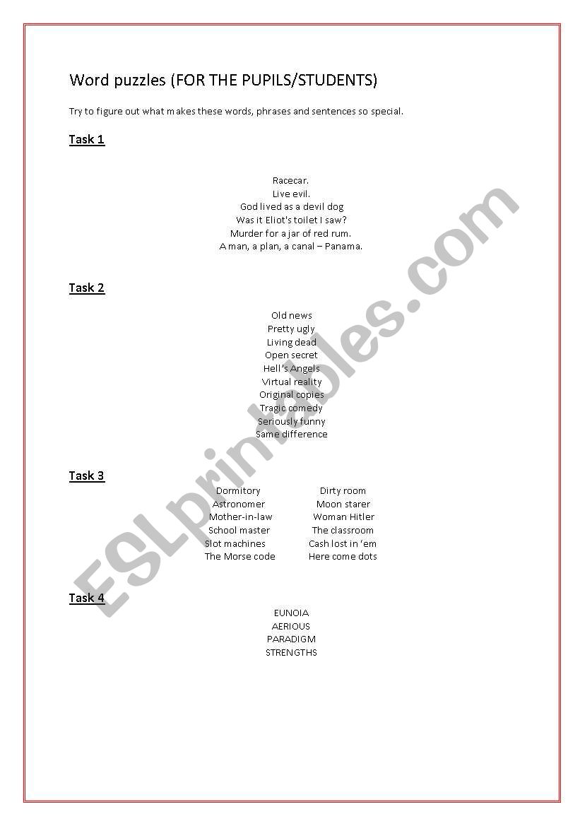 Word puzzles - palindromes oxymorons anagrams