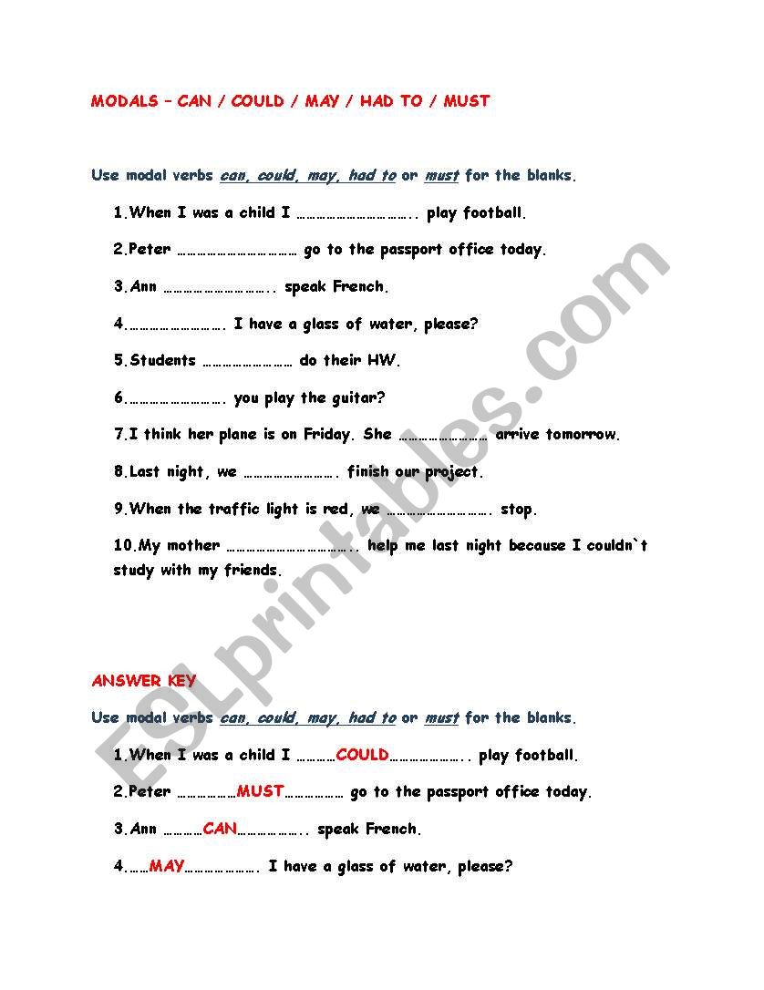 MODALS worksheet