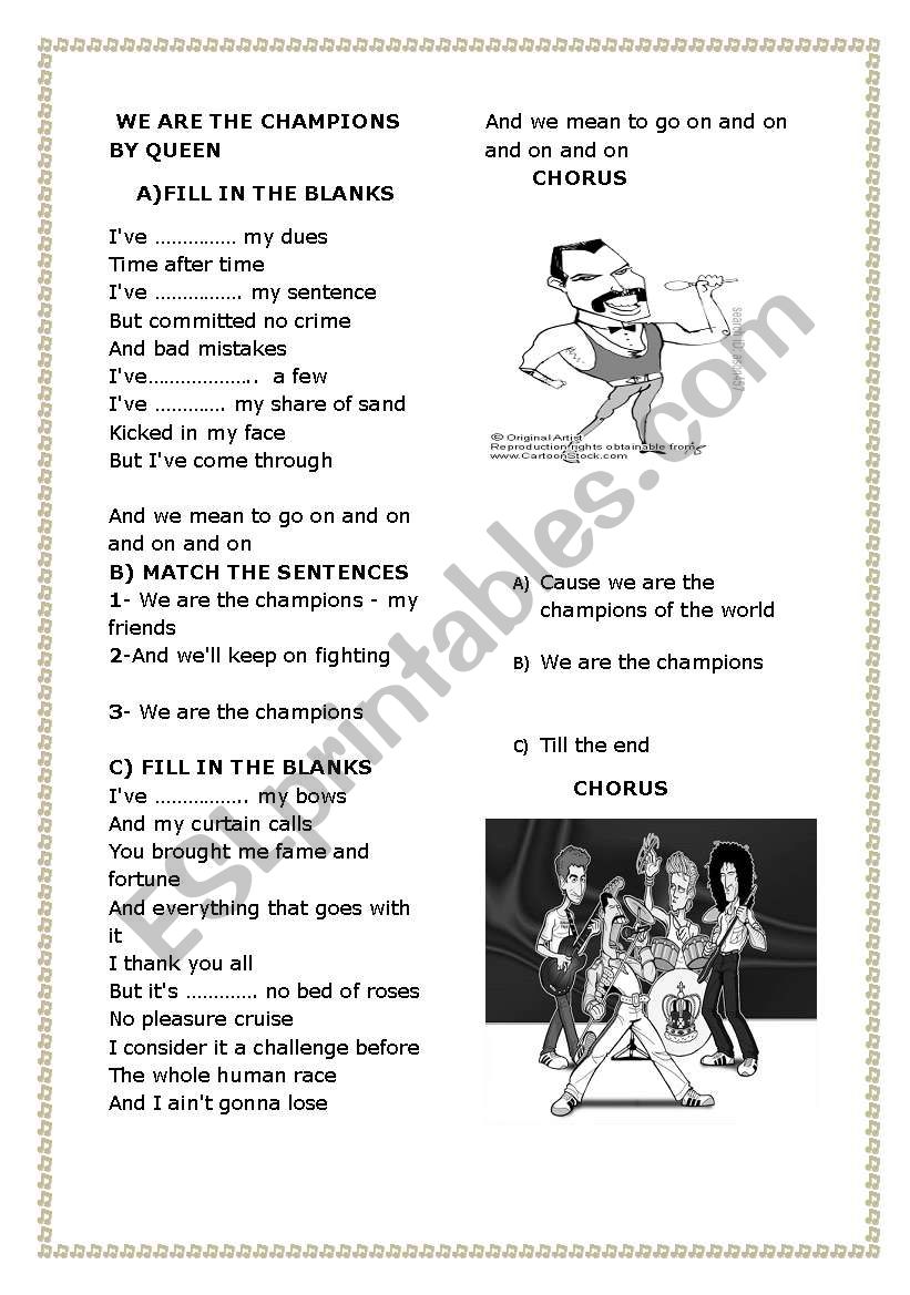 we are the champions by queen worksheet