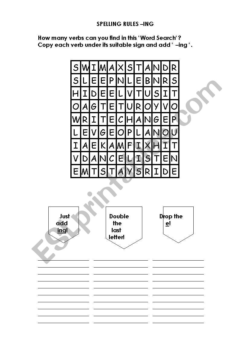 WORD SEARCH - SPELLING RULES WHEN ADDING -ING