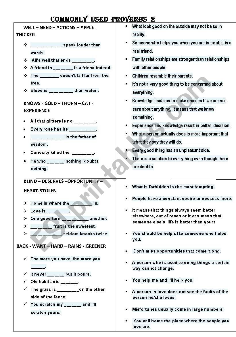 Commonly used proverbs 2 worksheet