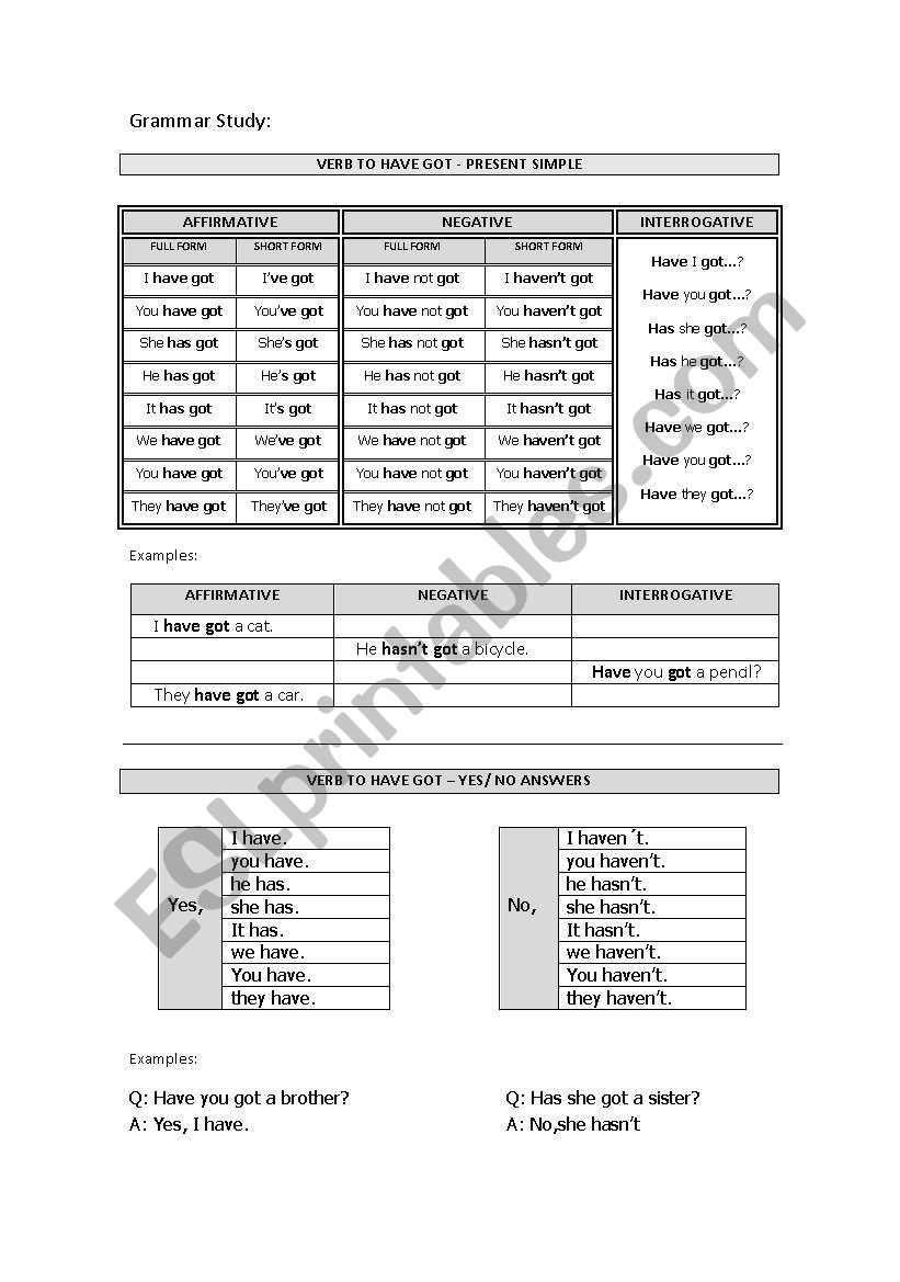 Verb To Have Got  - Present Simple - Grammar Study