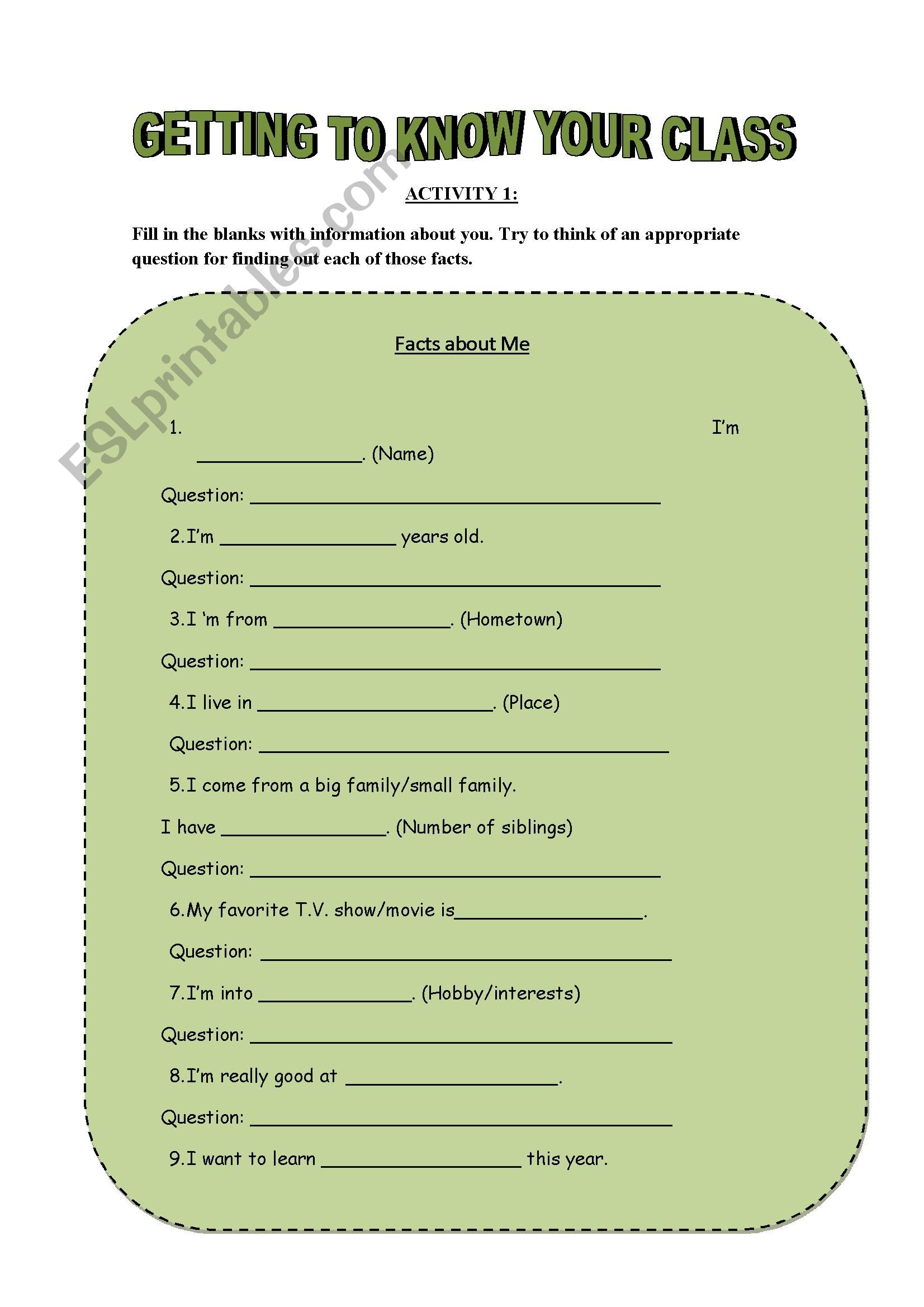 Getting to know toyr class worksheet