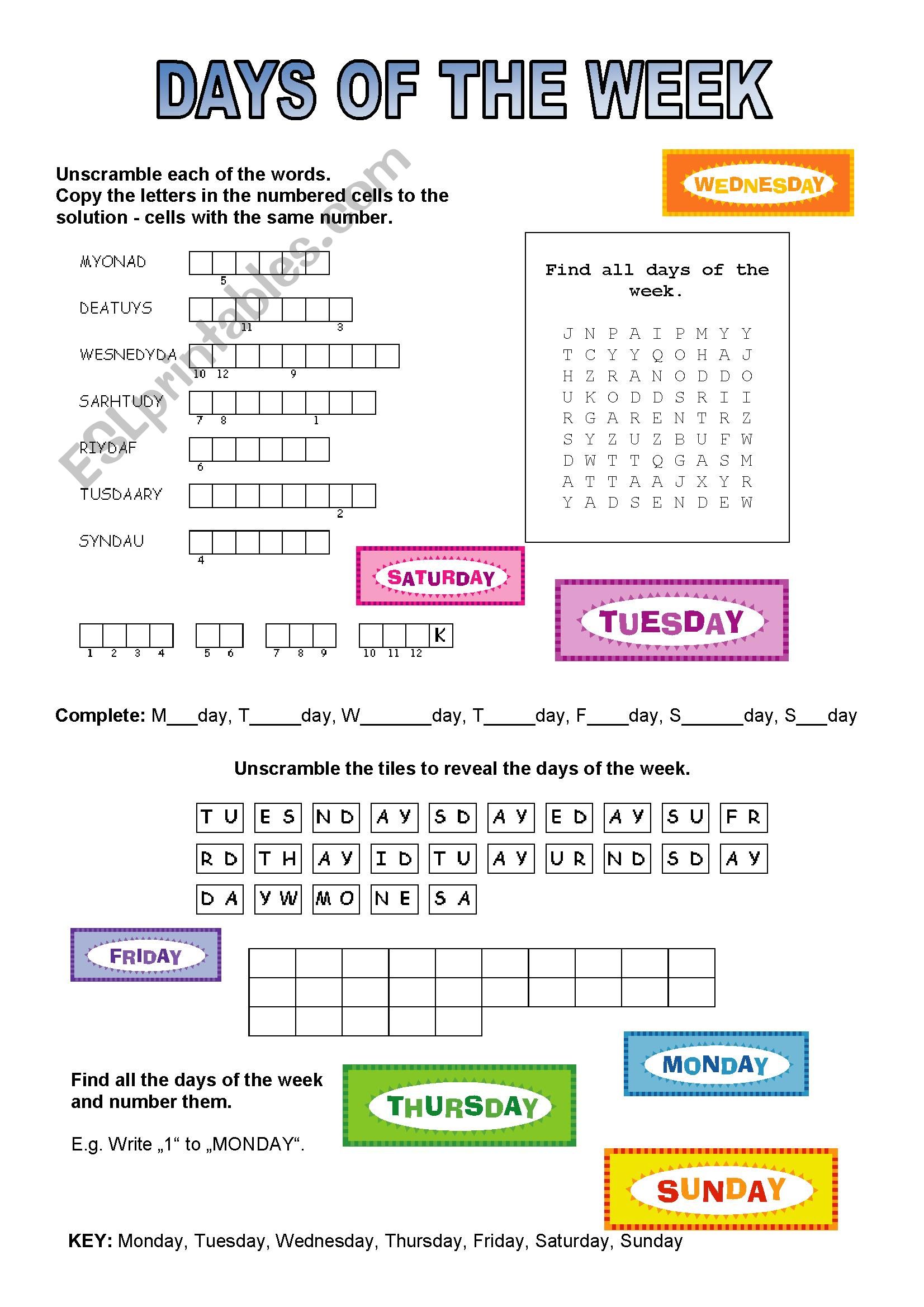 days of the week (+short key) worksheet