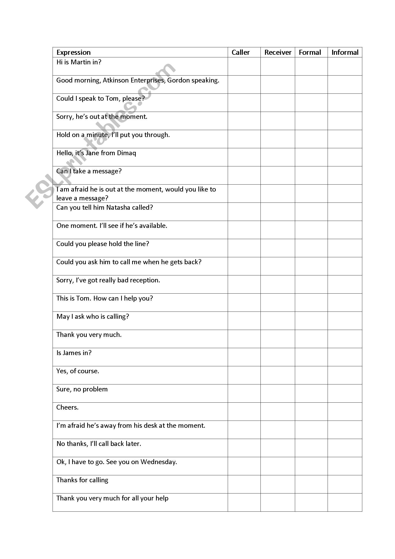 Telephone language worksheet