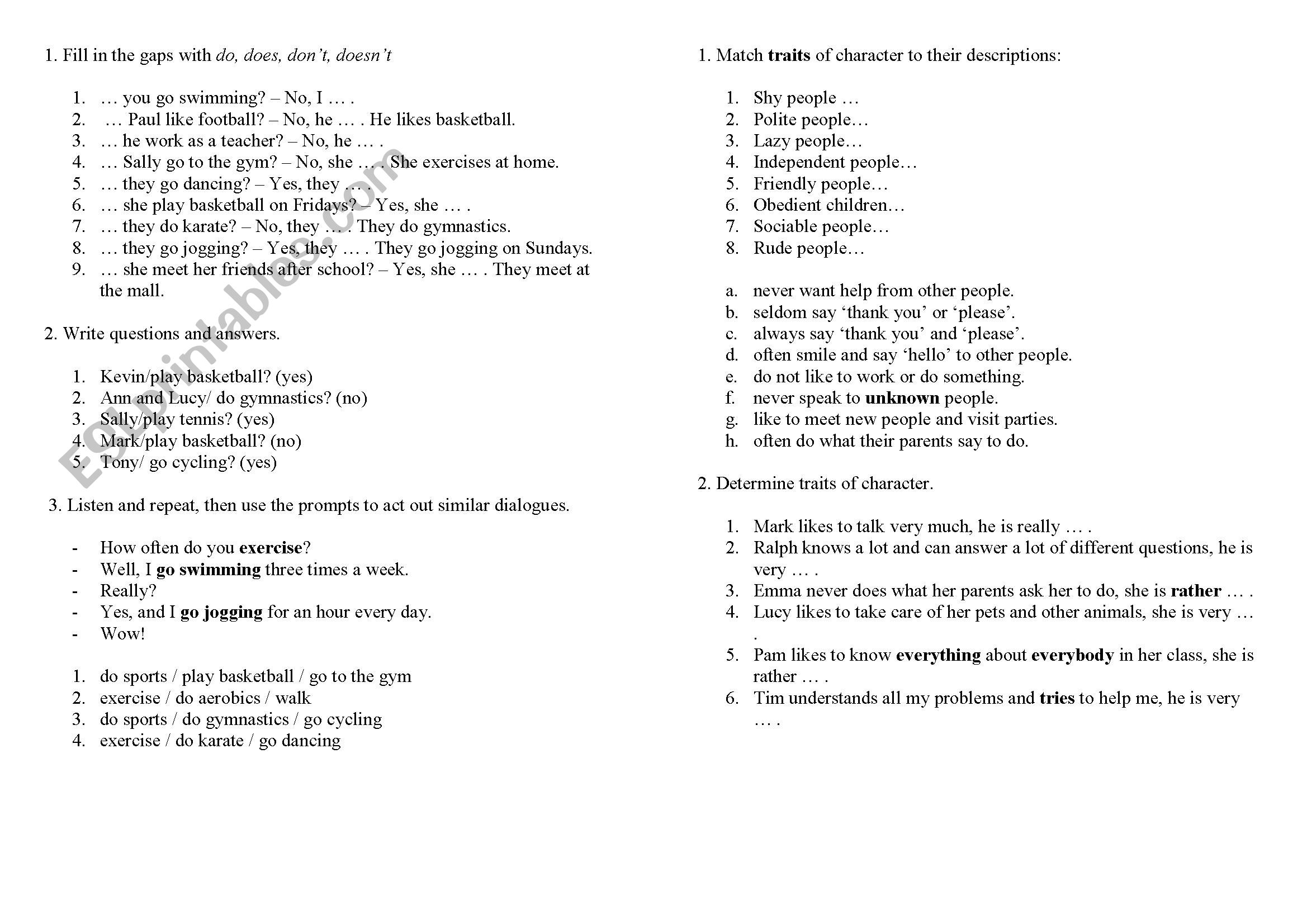 do/does on sports worksheet