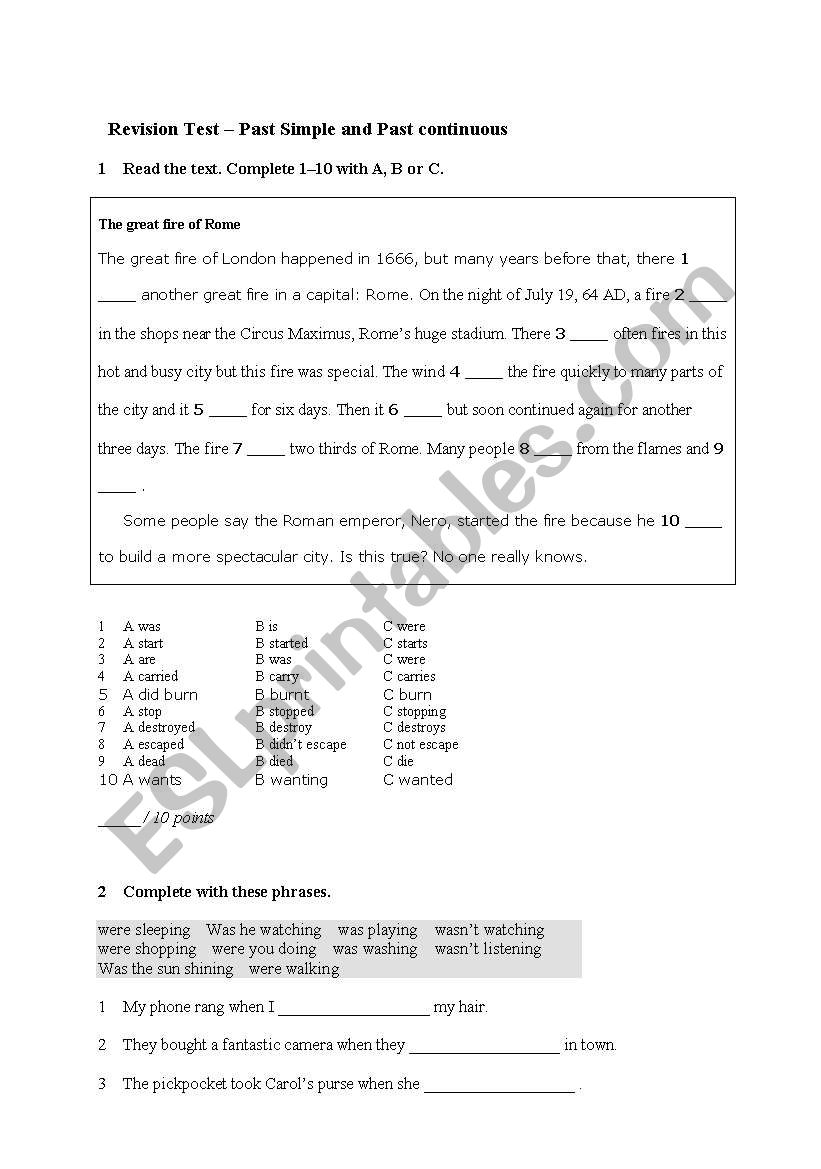 Past Simple and Past Continuous Elementary test