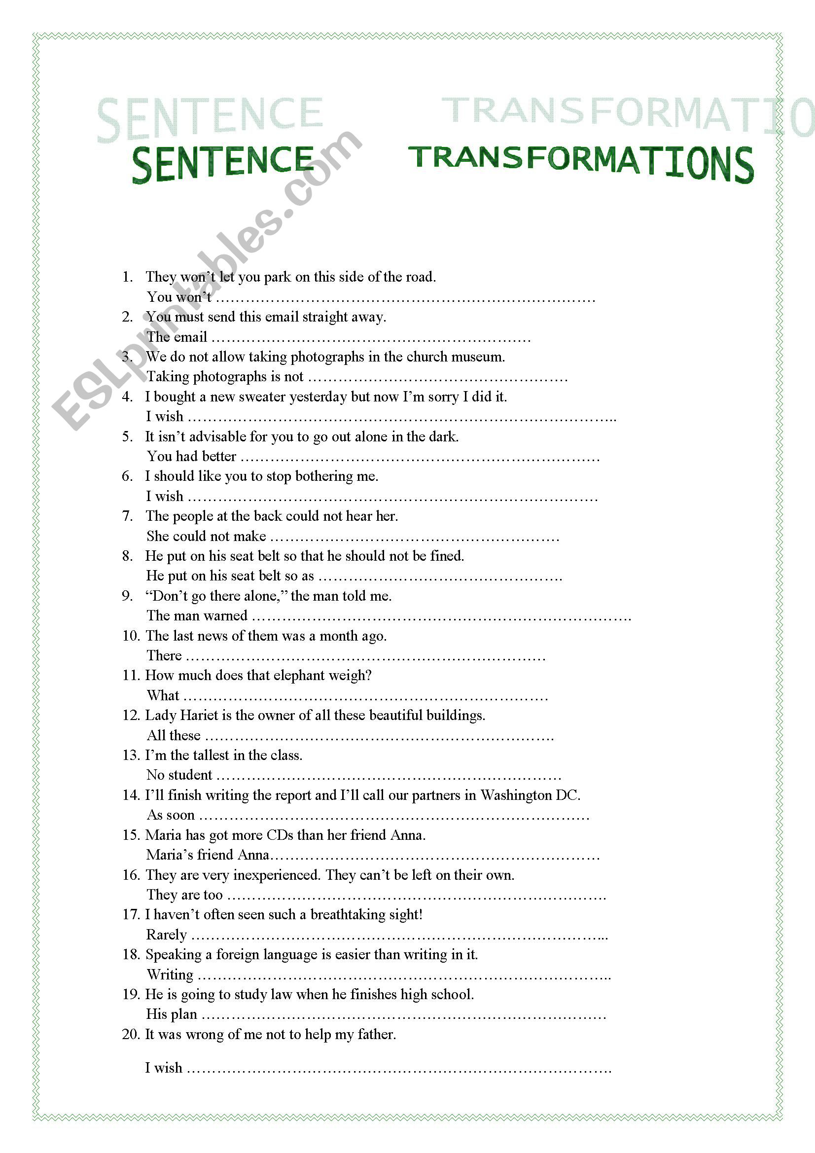 Sentence transformation worksheet