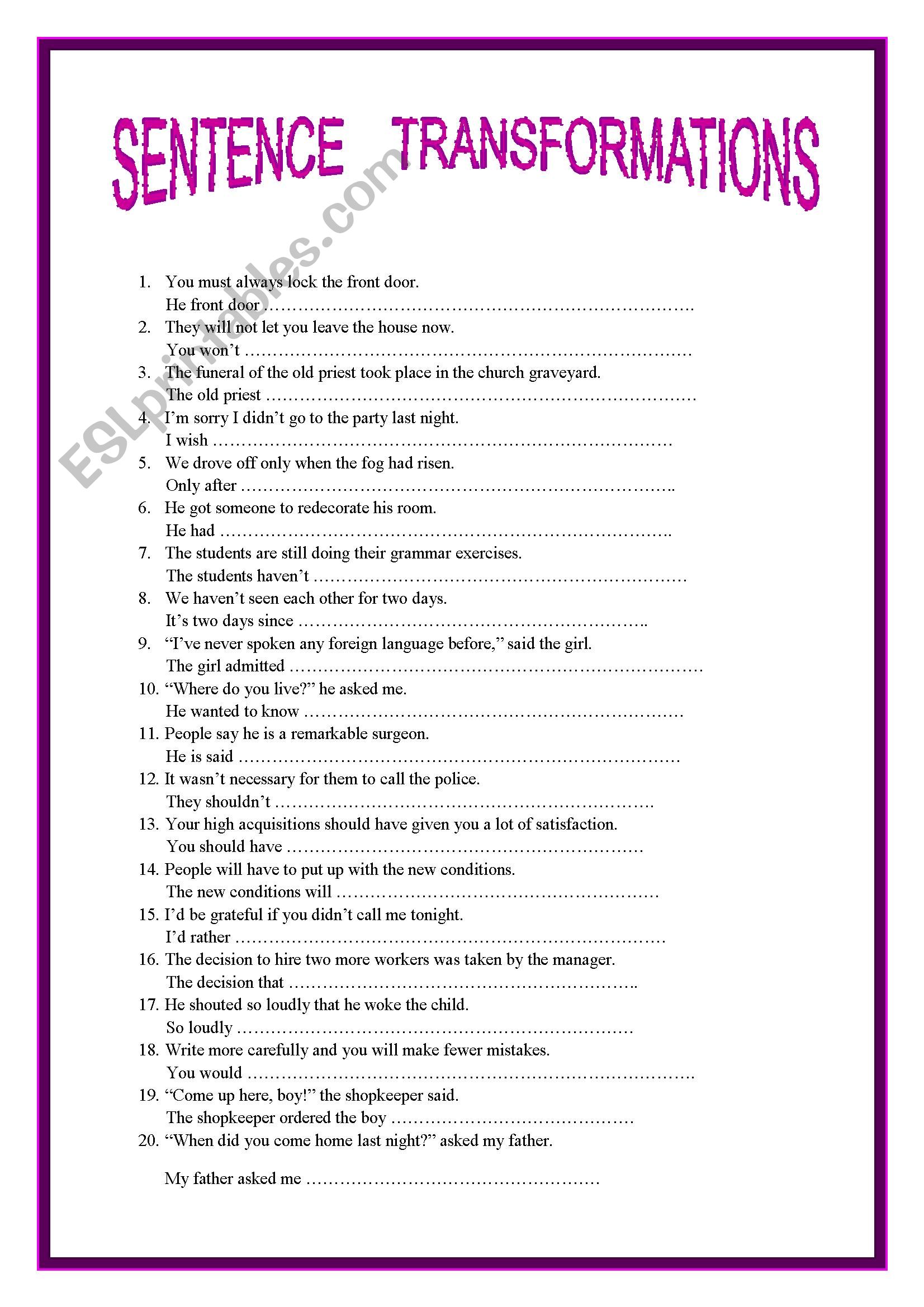 SENTENCE    TRANSFORMATIONS worksheet