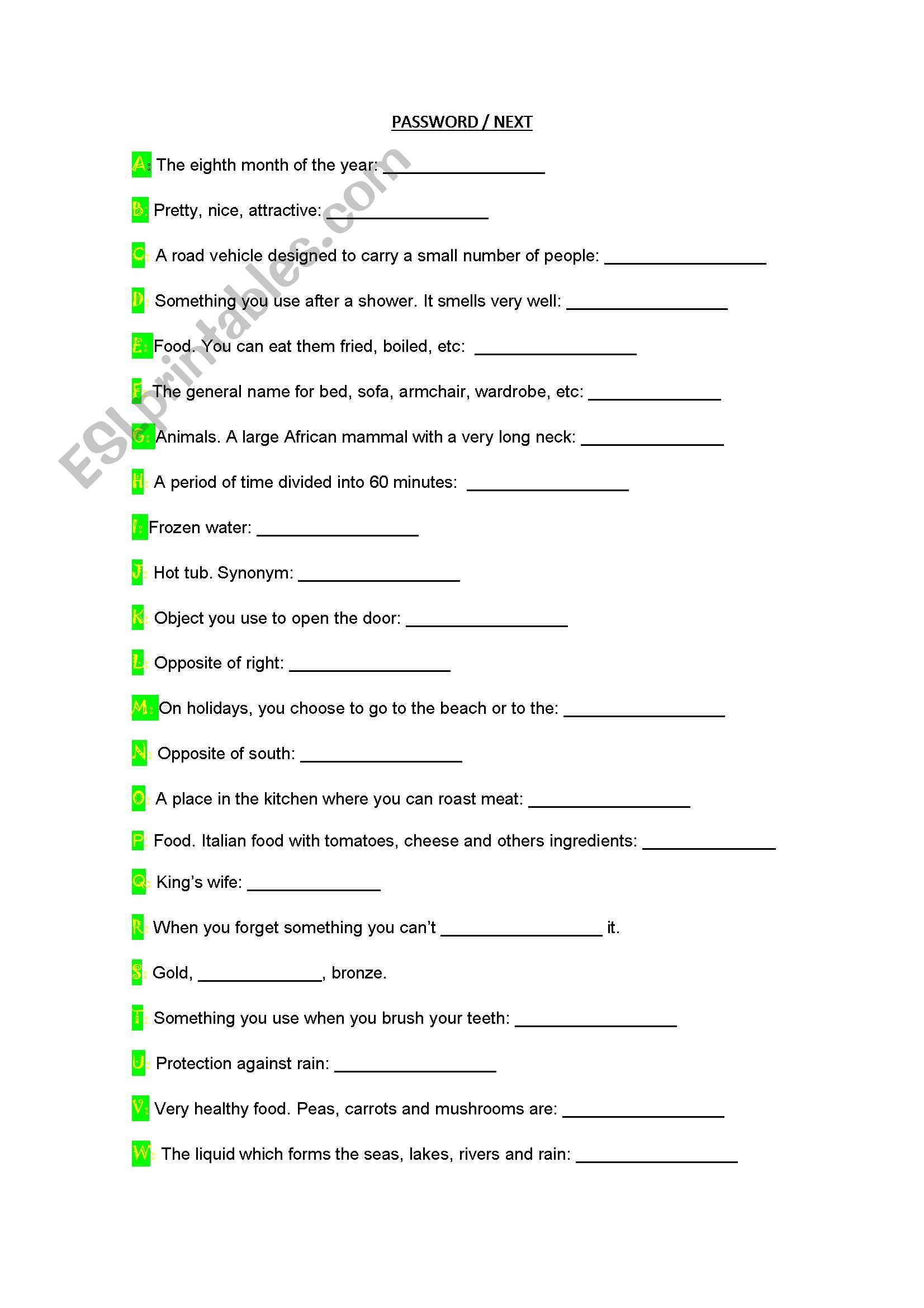 Password Game worksheet