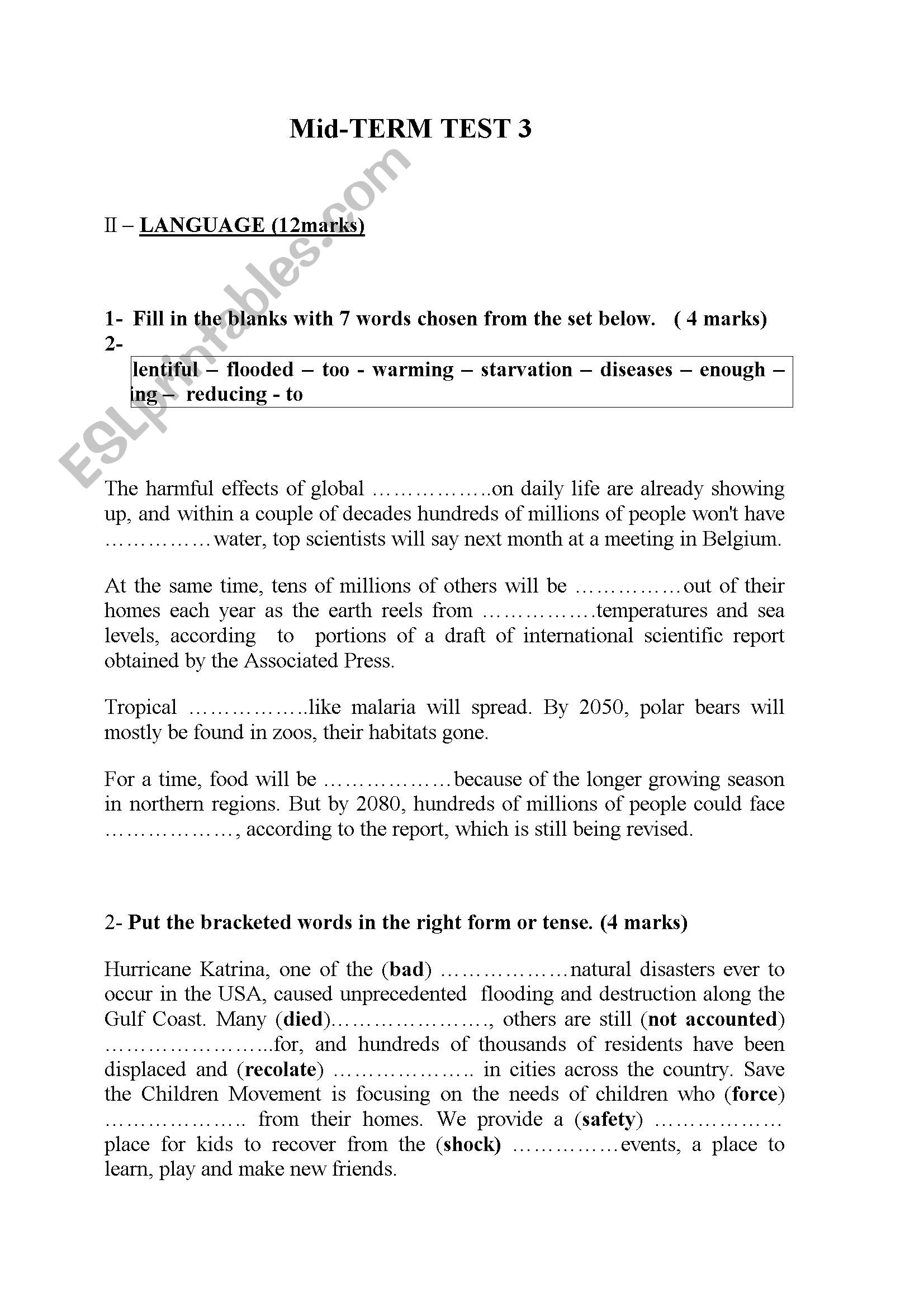 3rd form mid-term test 3 worksheet