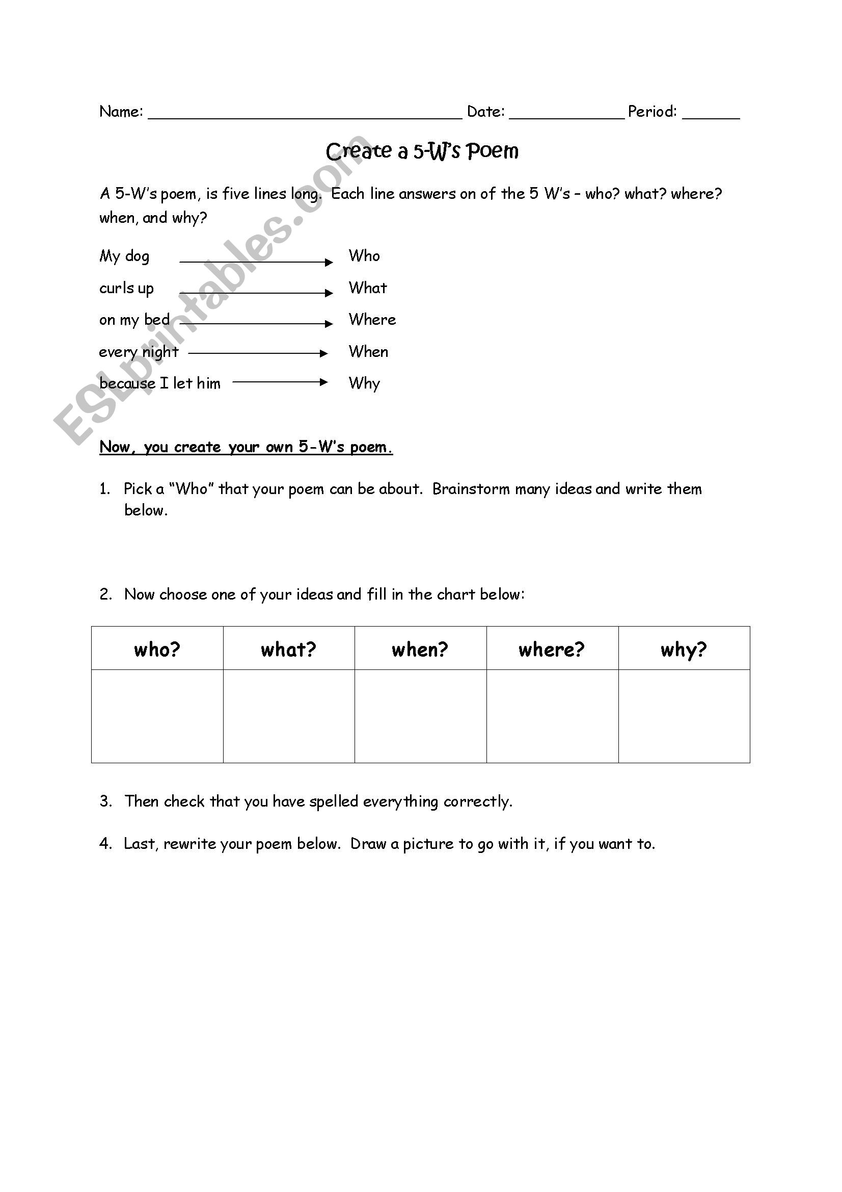 Writing a 5-Ws Poem worksheet