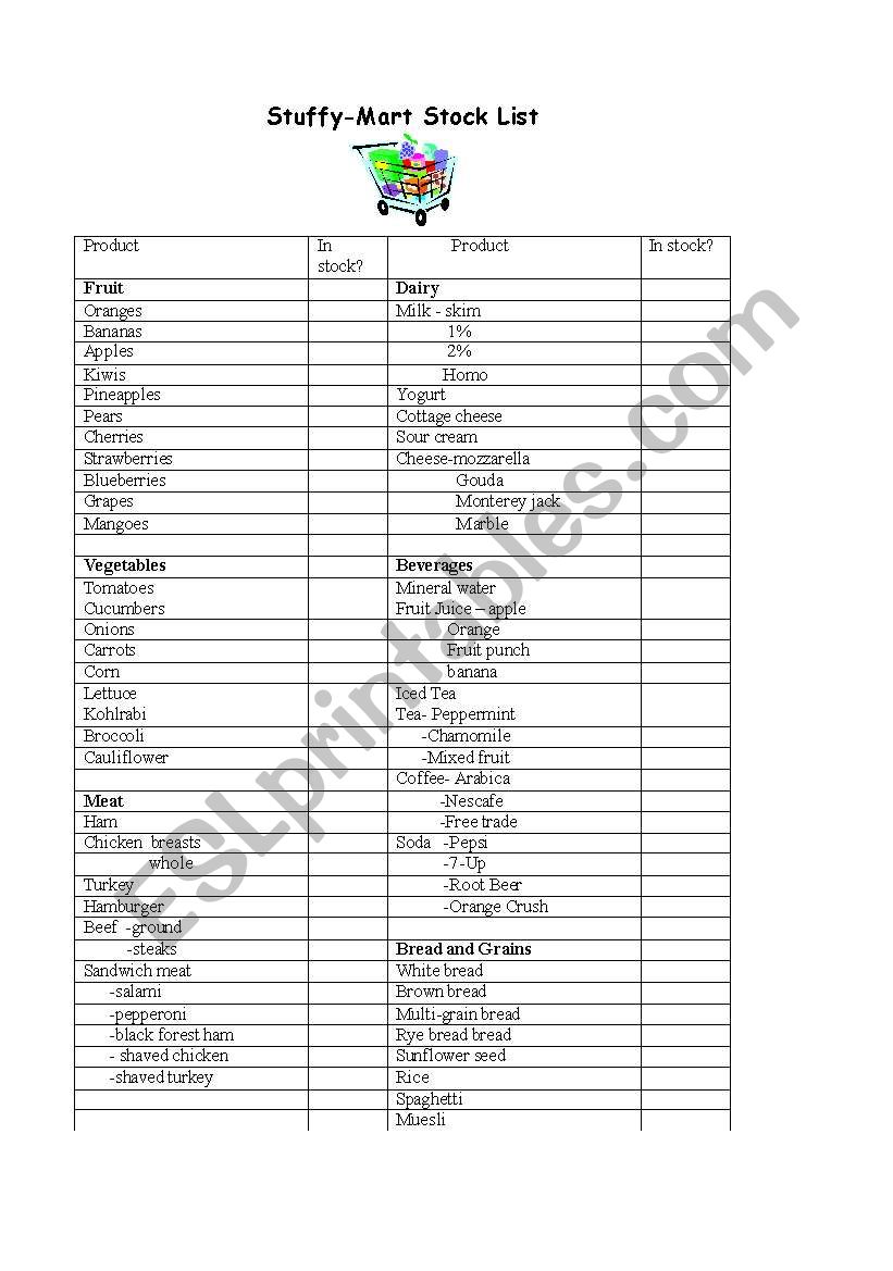 Stuffy-mart Stock List worksheet