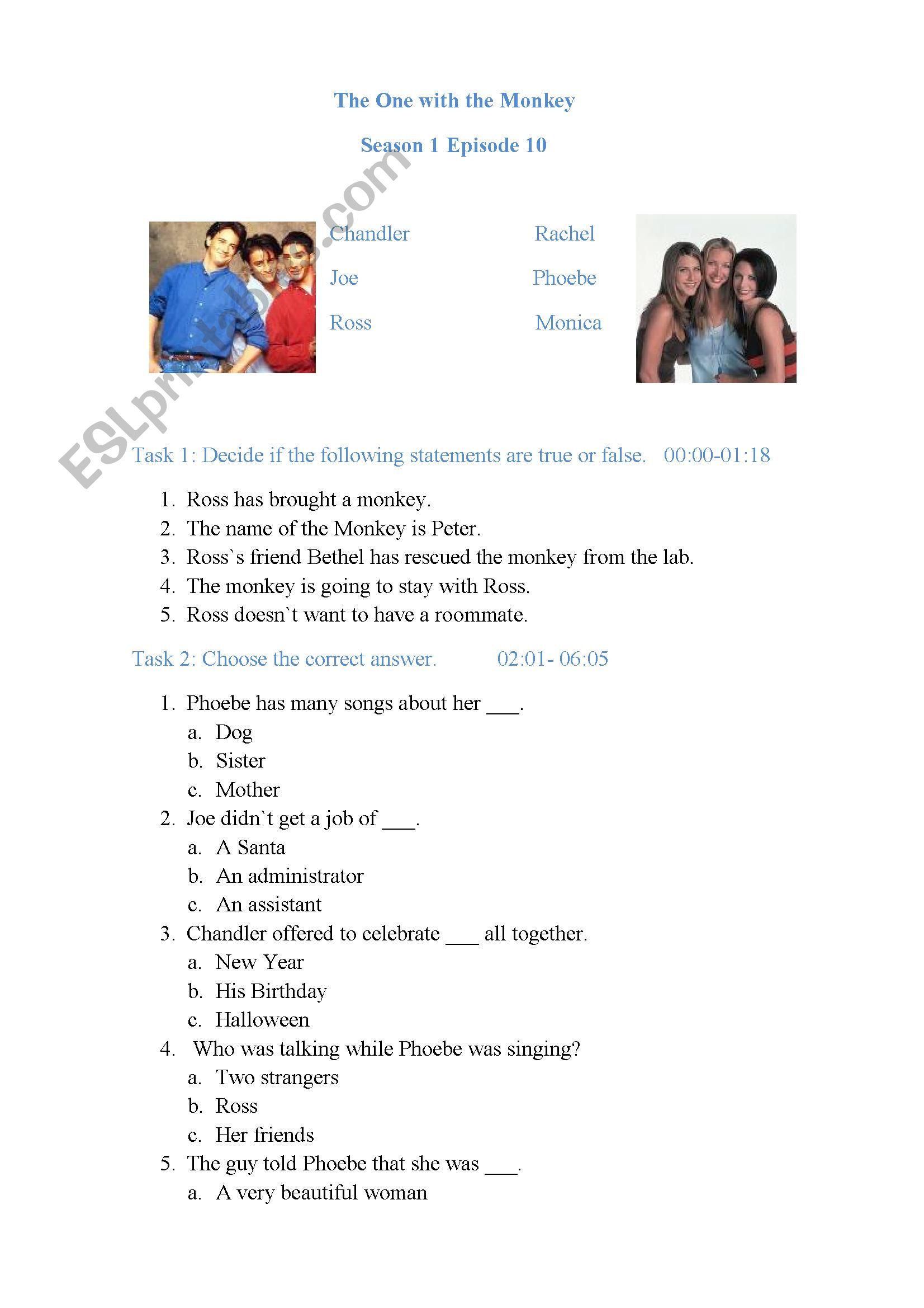 Friends Season 1 Episode 10 worksheet