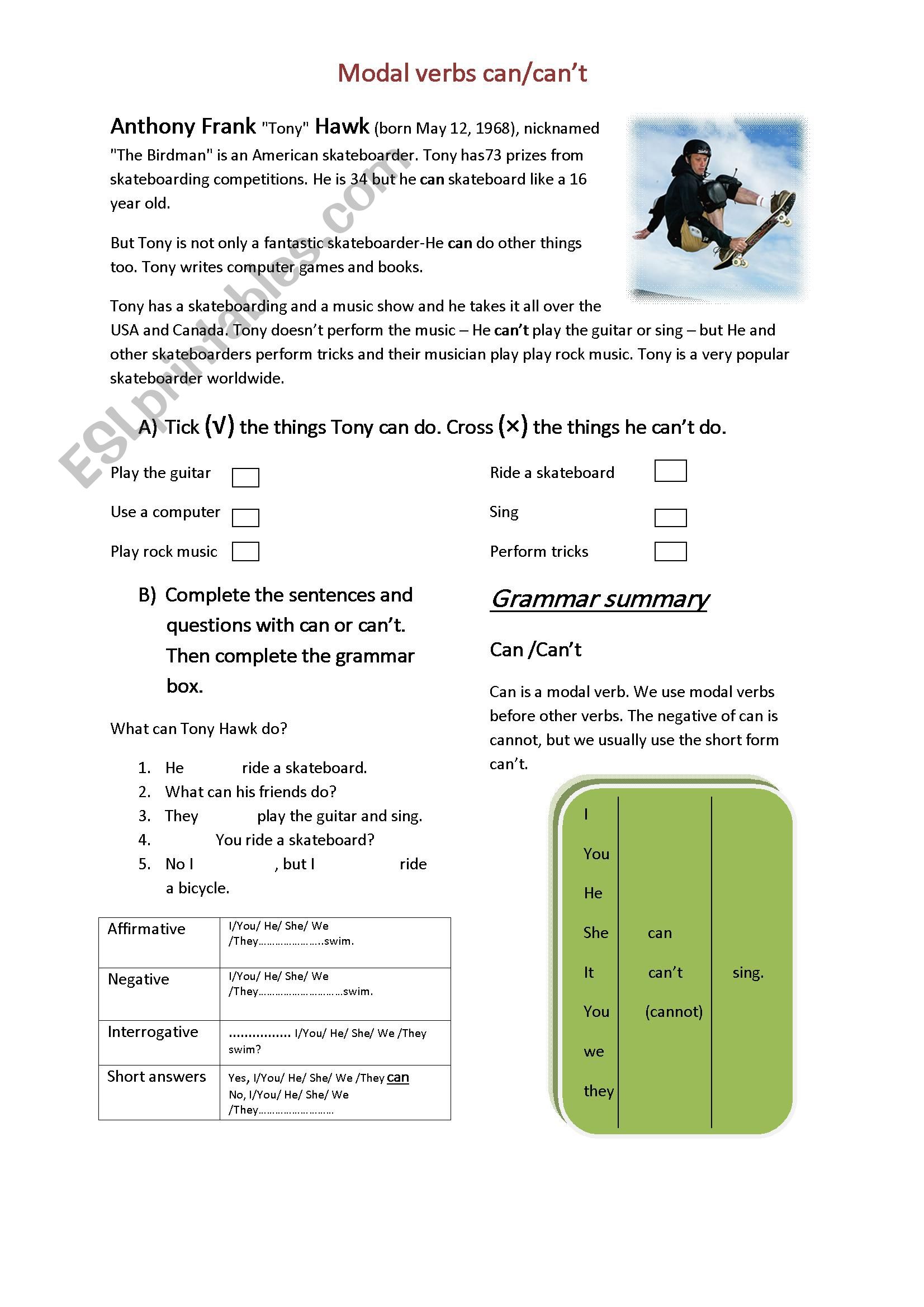 modal verbs can/cant worksheet