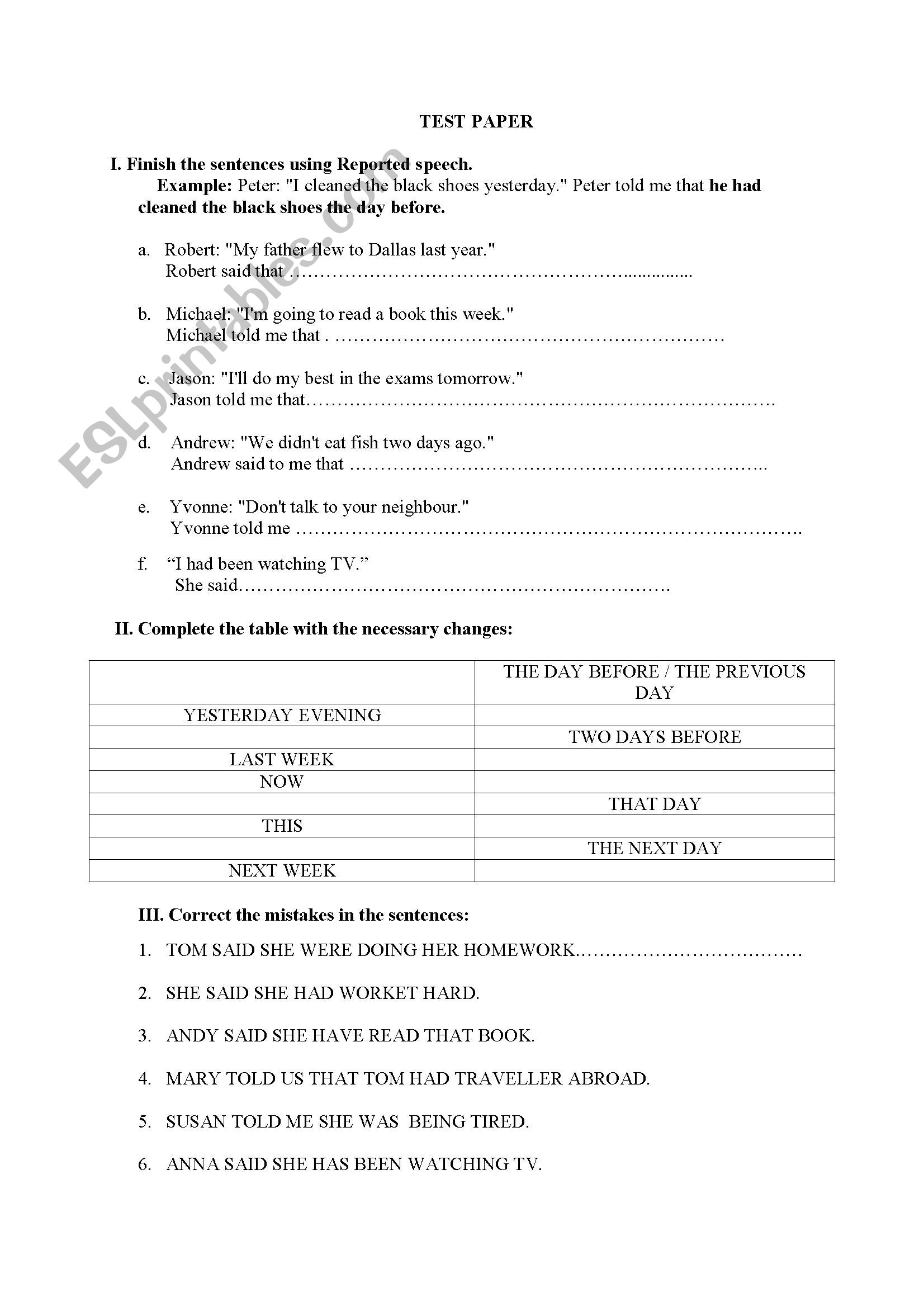 Test paper - Reported speech worksheet