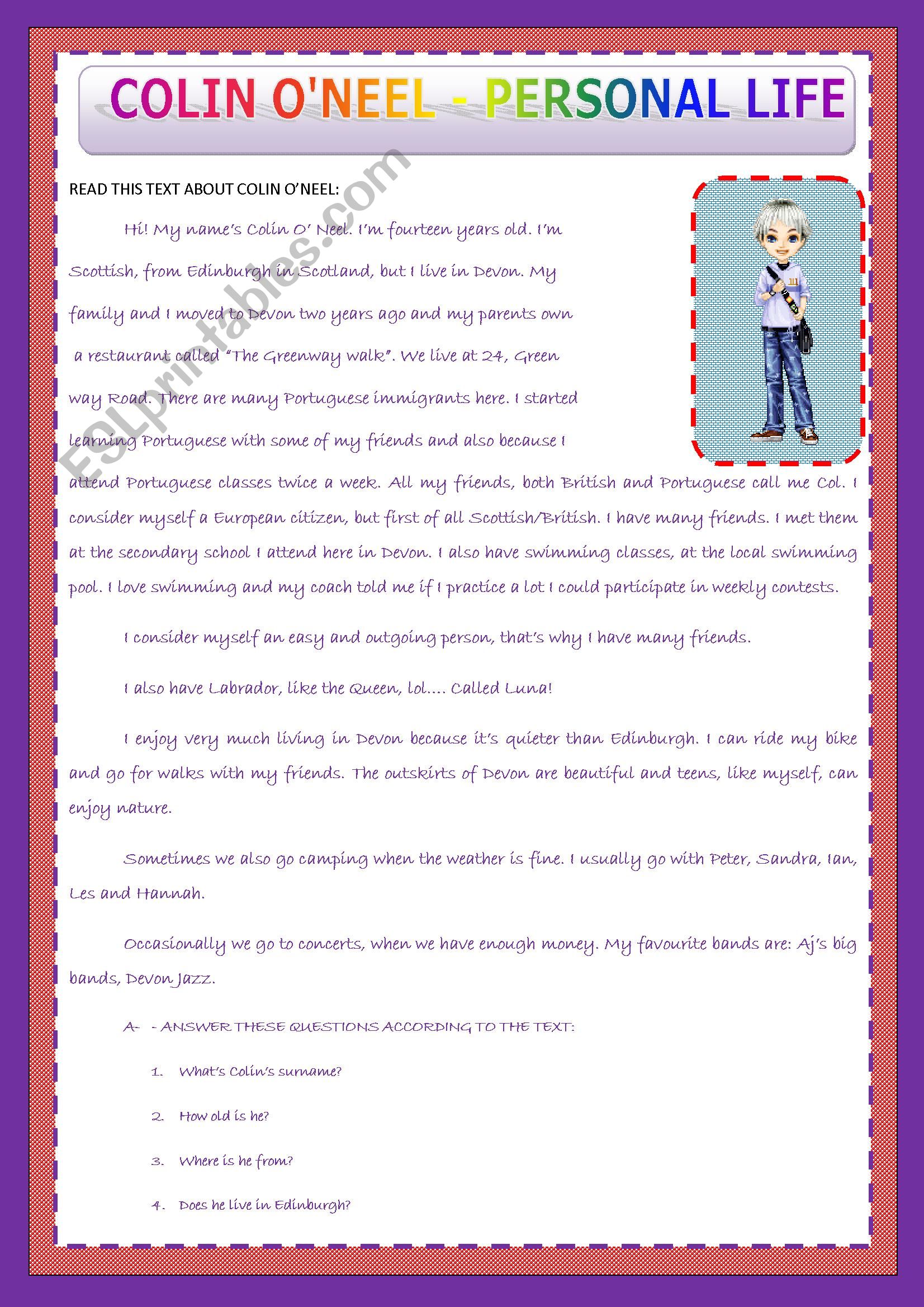 Colin ONeel - personal life worksheet