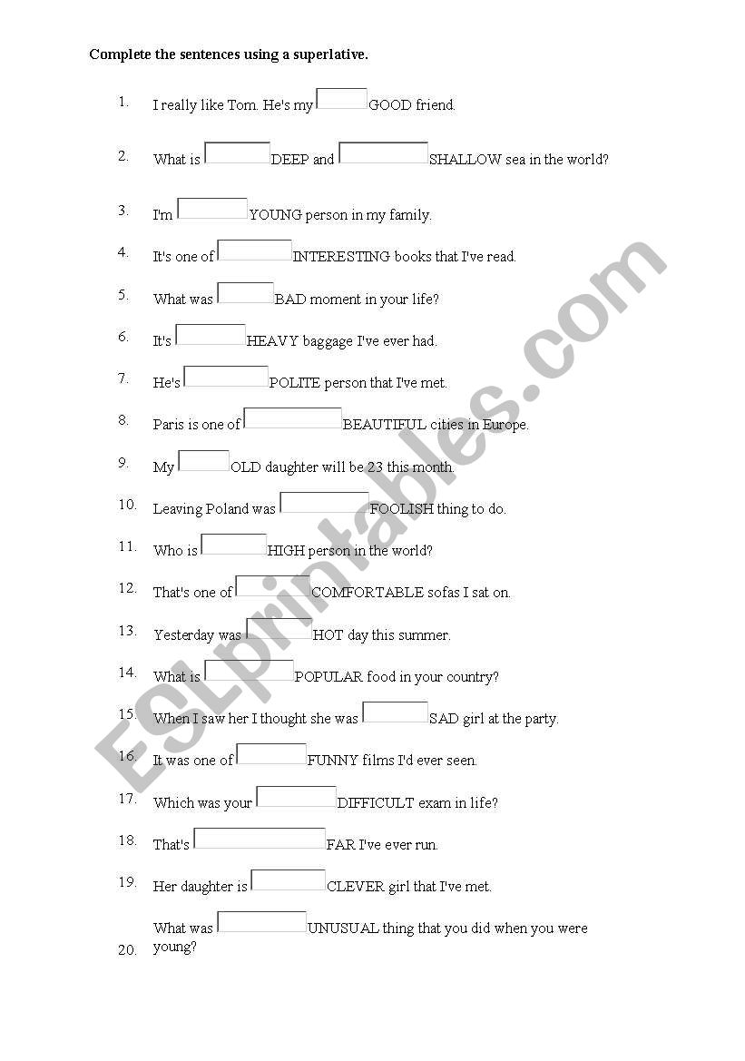 adjective- superlative form worksheet