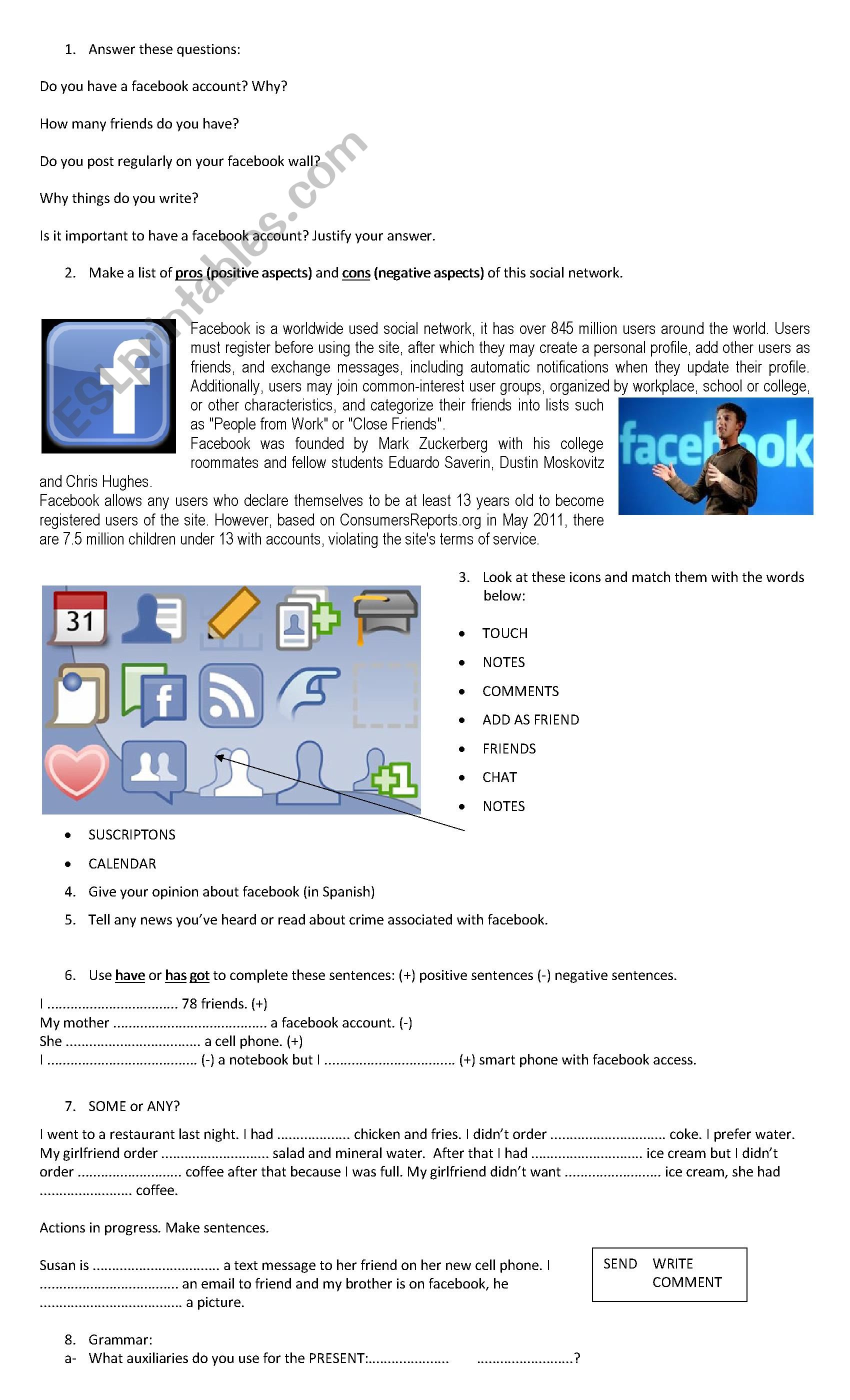 Facebook worksheet