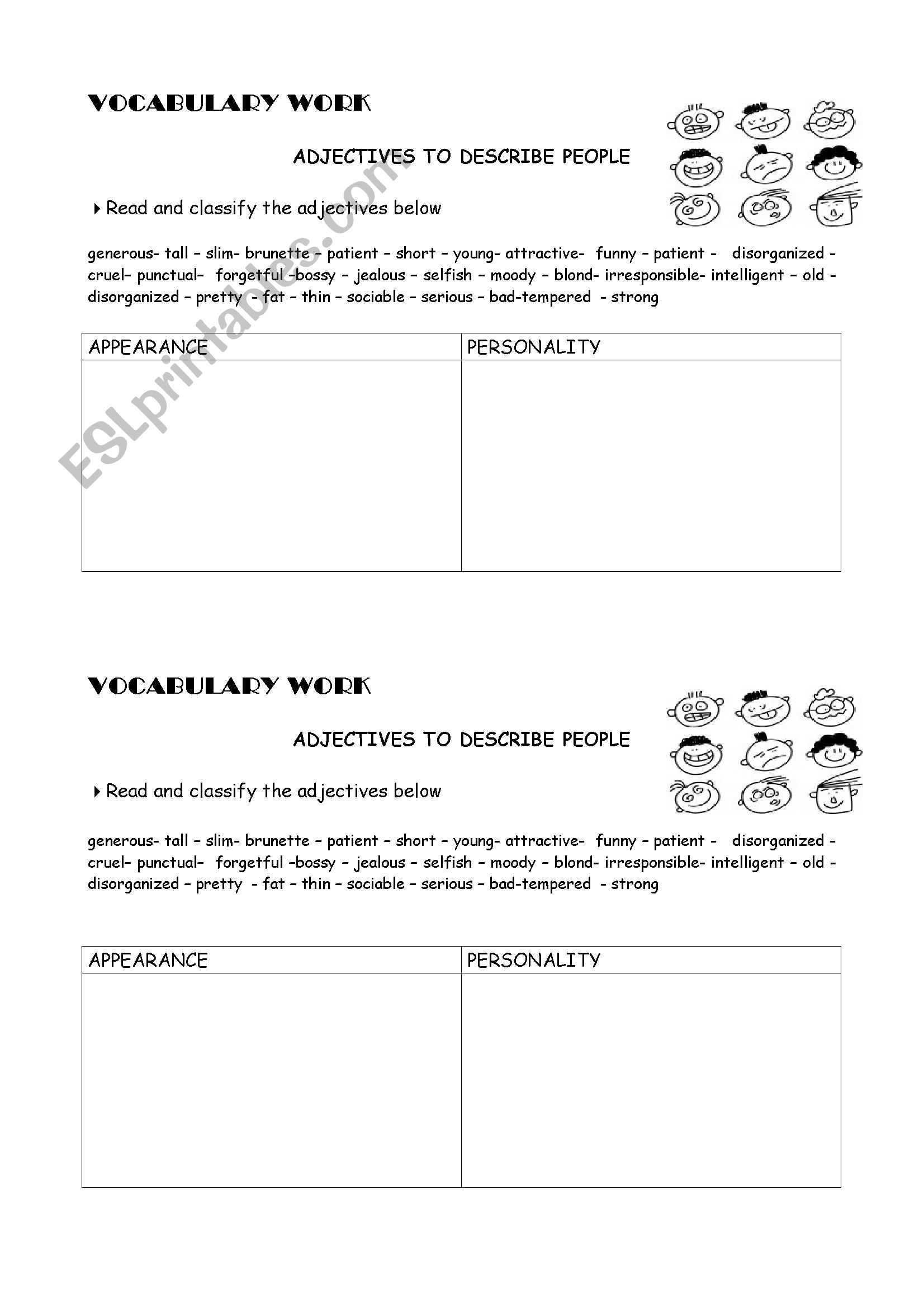 adjective to describe people worksheet