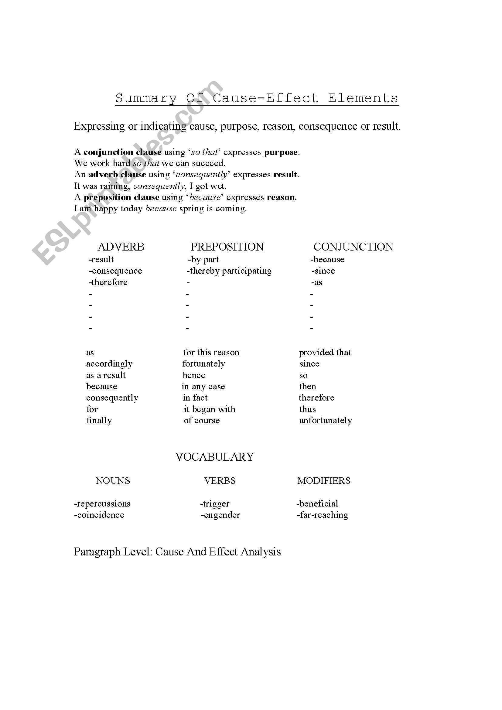 Cause And Effect Writing Outline Worksheet 