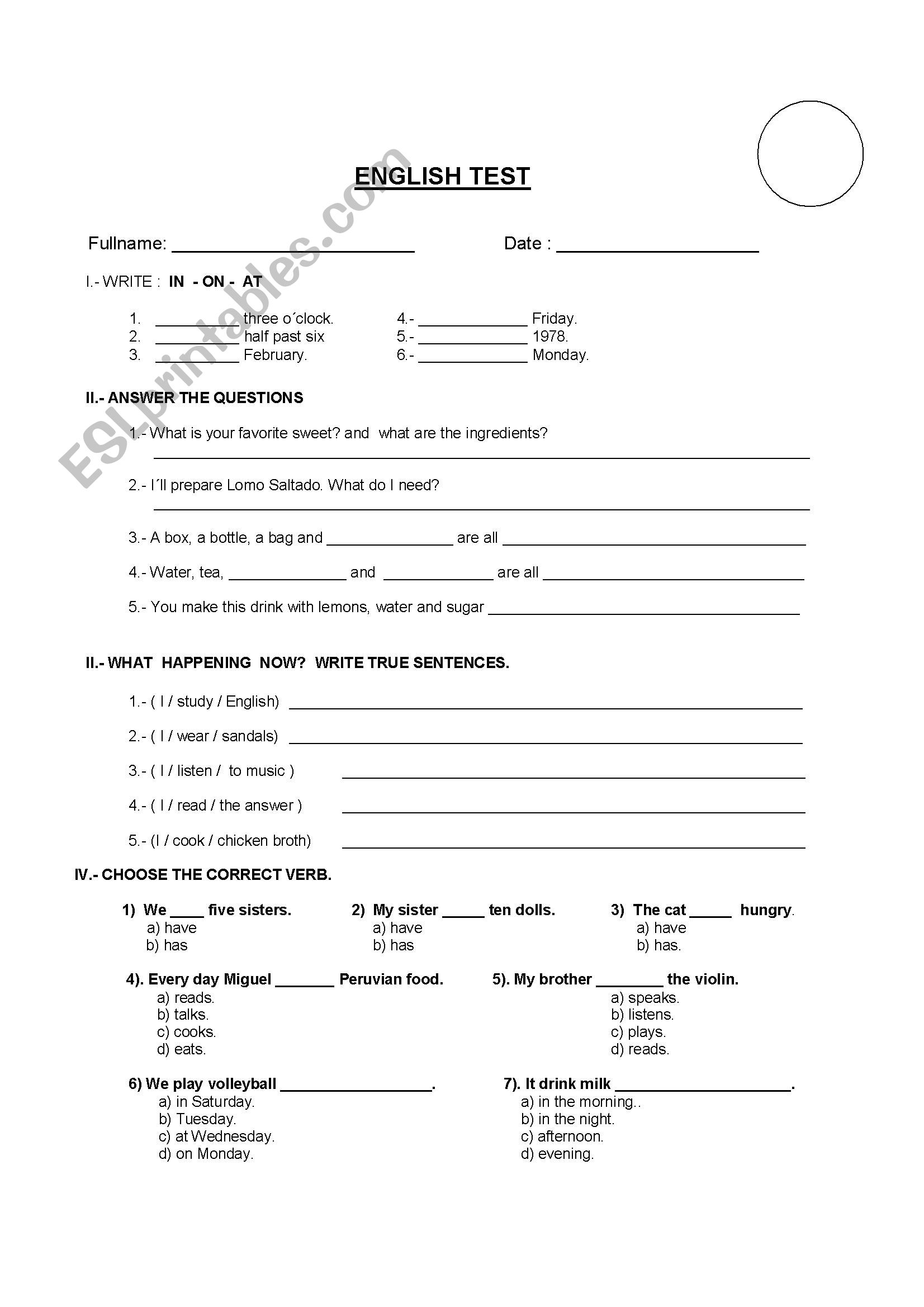 Diagnostic test worksheet