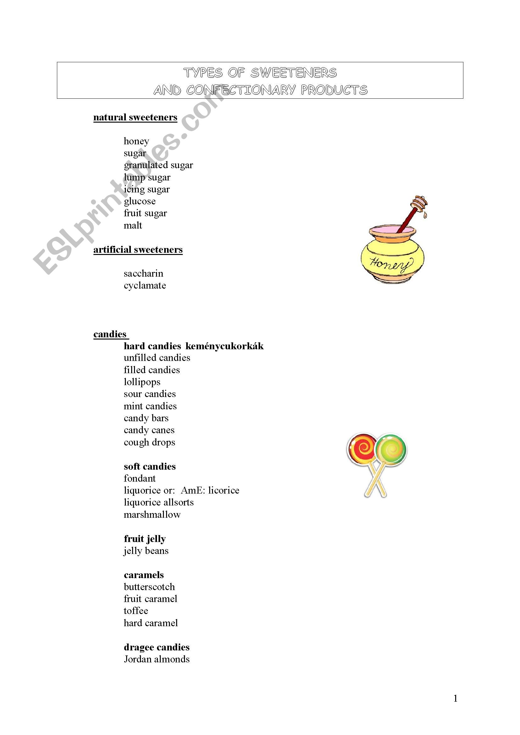 Sweeteners and sweets worksheet