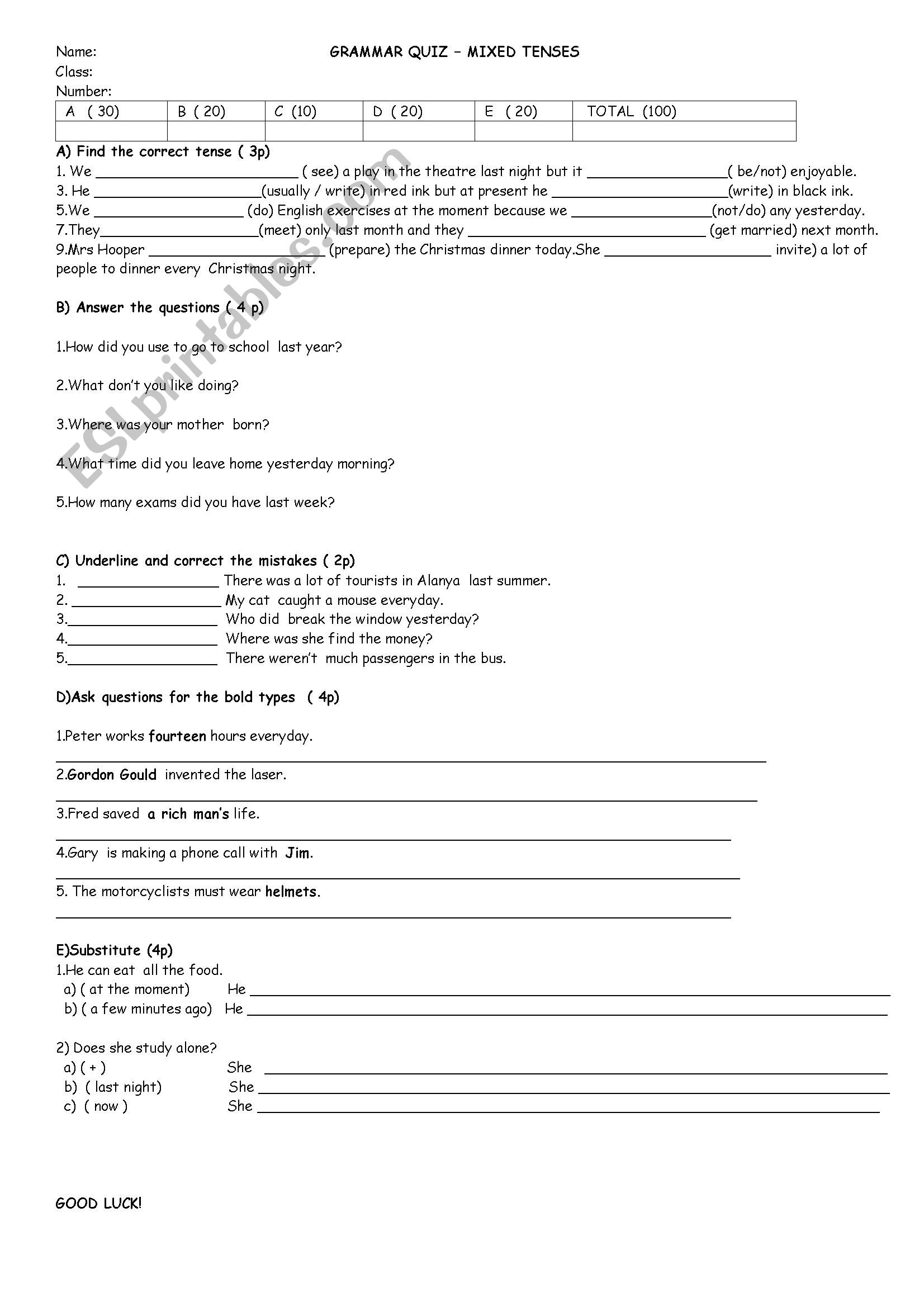 Grammar quiz worksheet