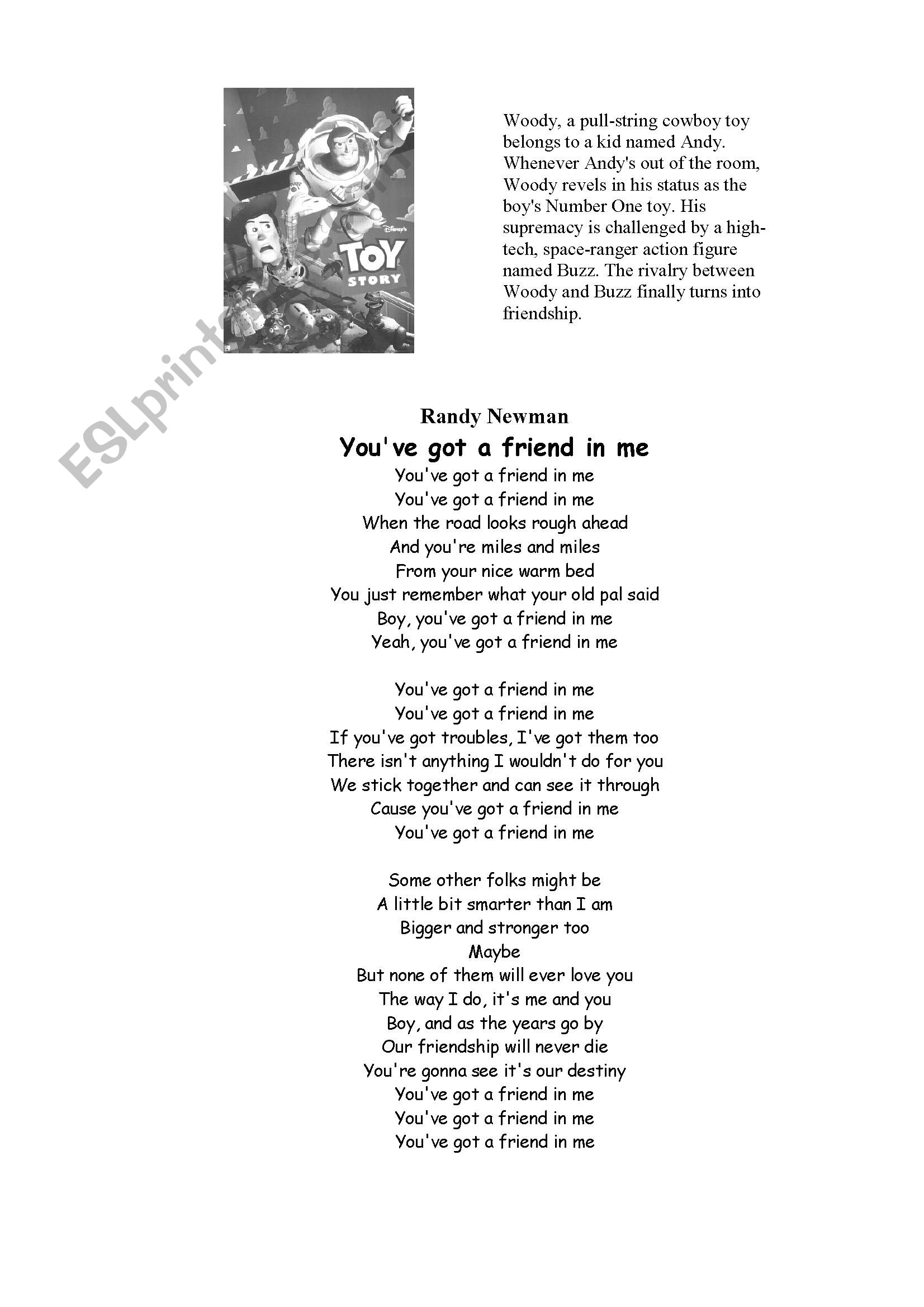 English Worksheets Randy Newman You Ve Got A Friend In Me Song