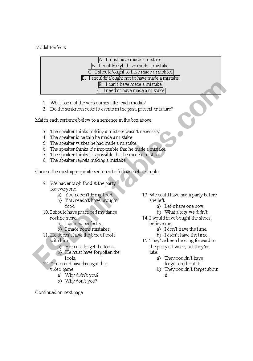 Modal Perfect Verbs Advanced worksheet