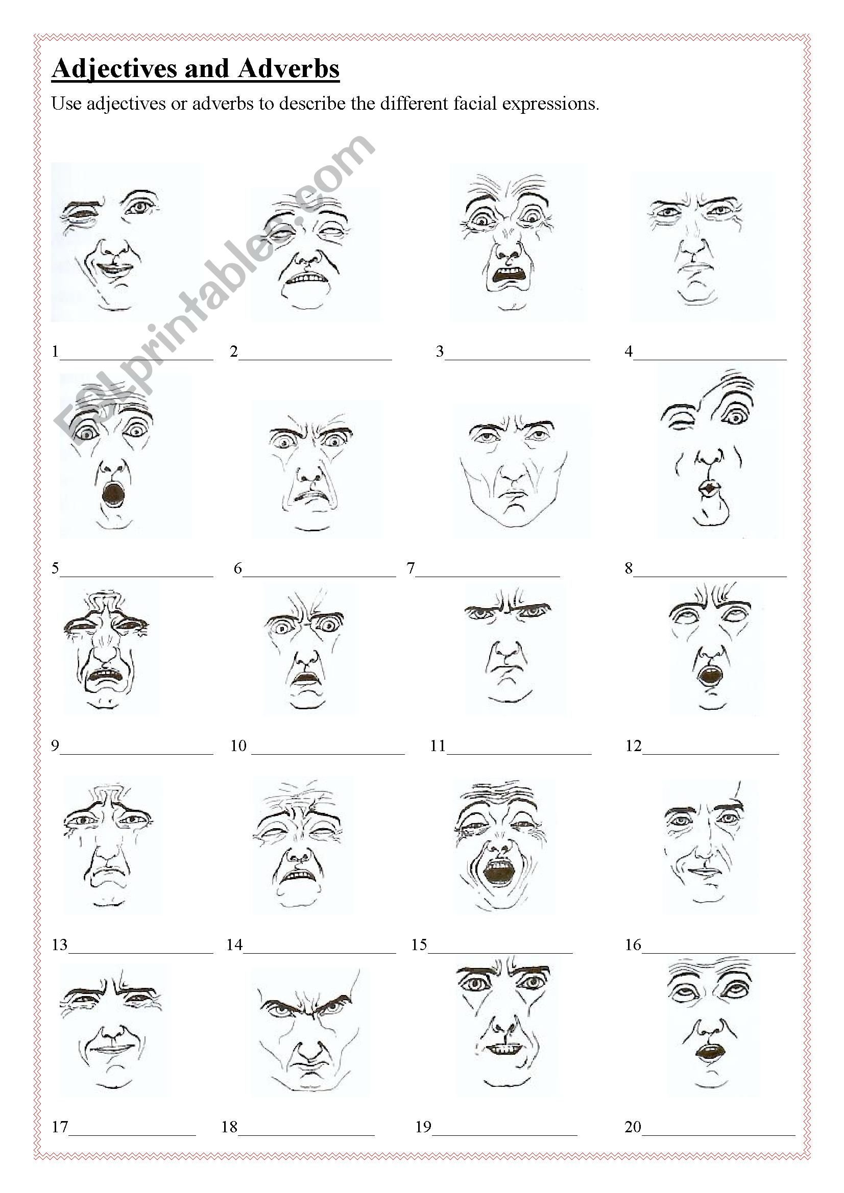 Adjectives and/or adverbs - describe the facial expressions