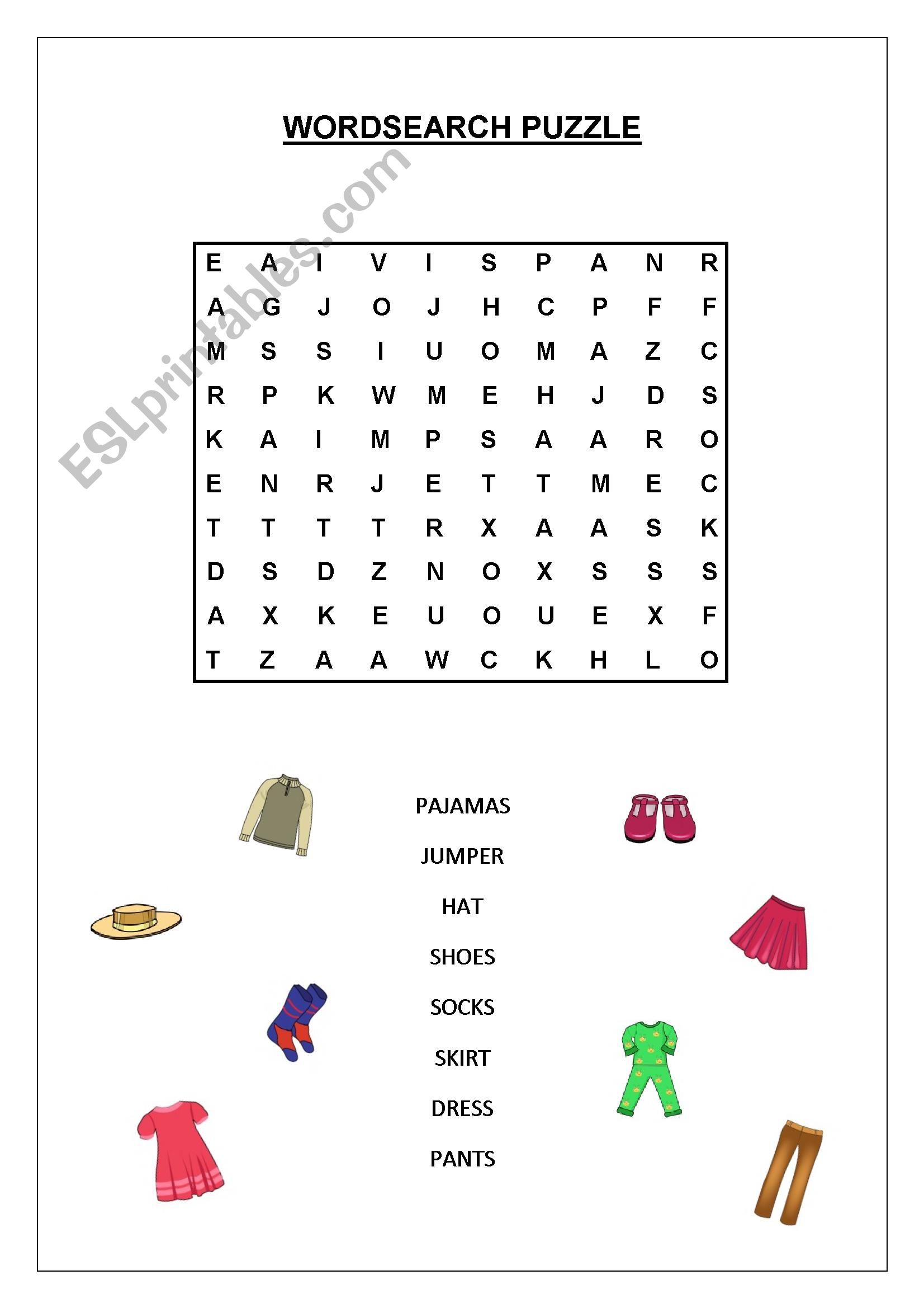 wordsearch puzzle clothes worksheet