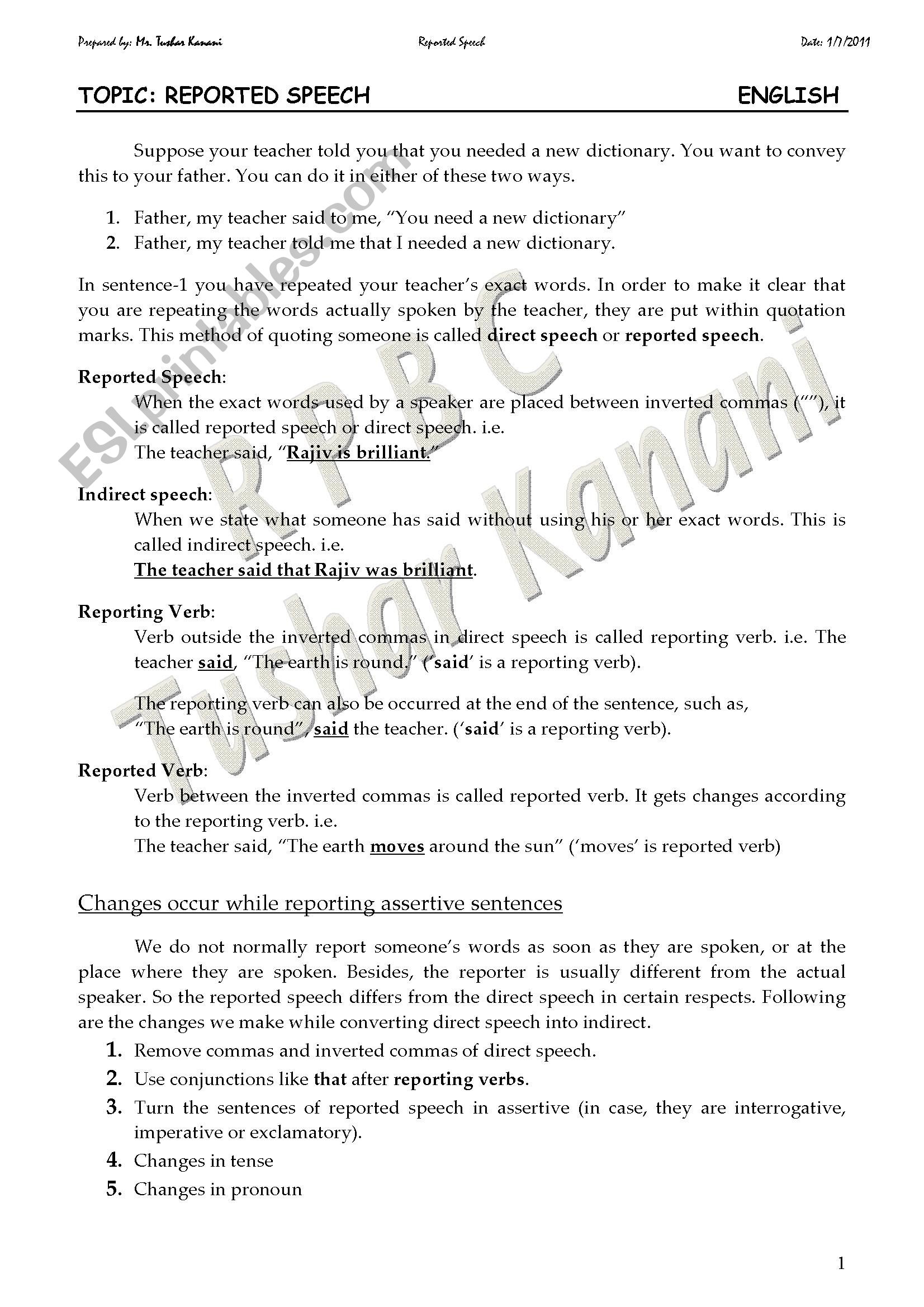Reported Speech Worksheet (5 pg explanation + 6 pg exercises)