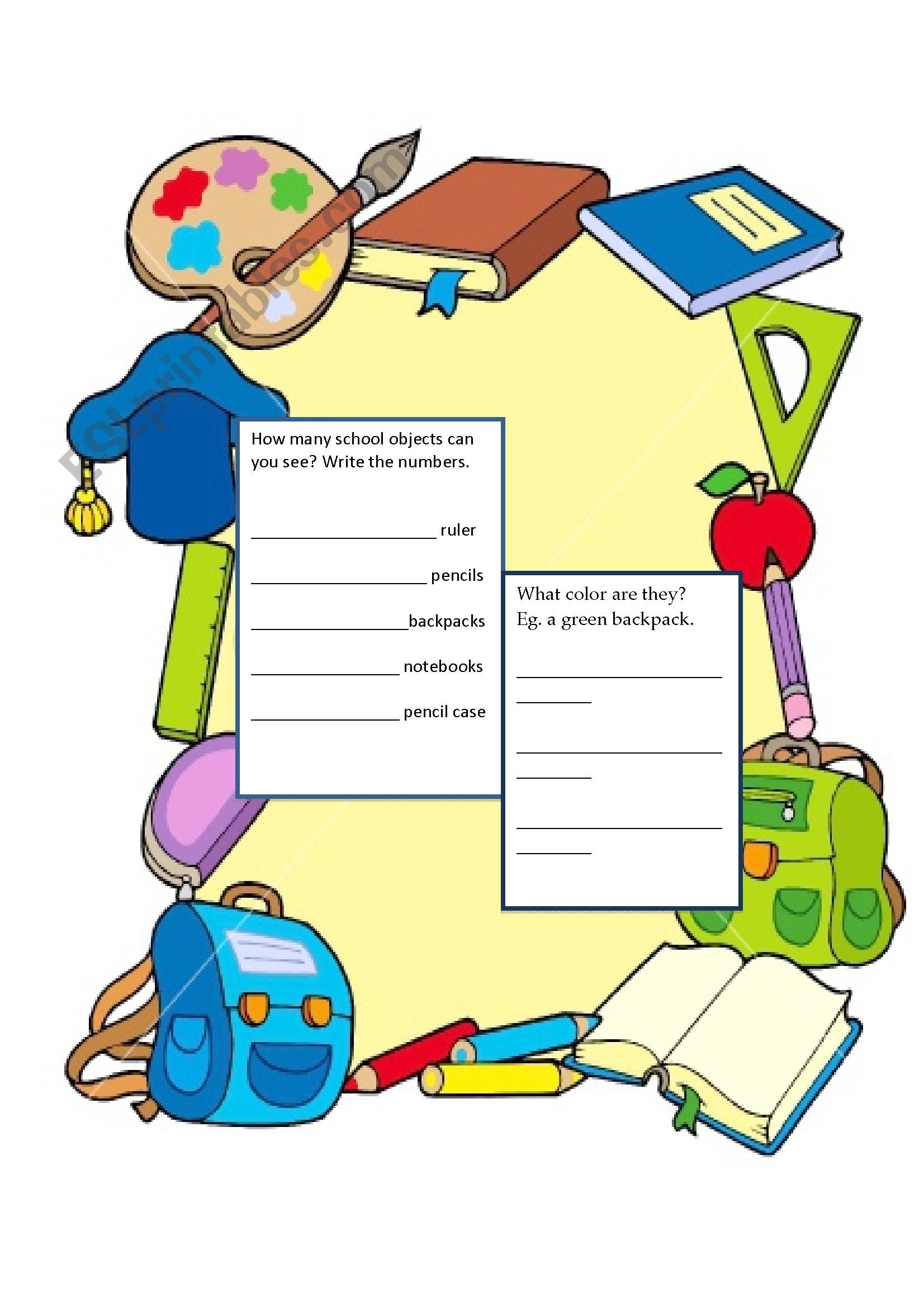 school objects worksheet