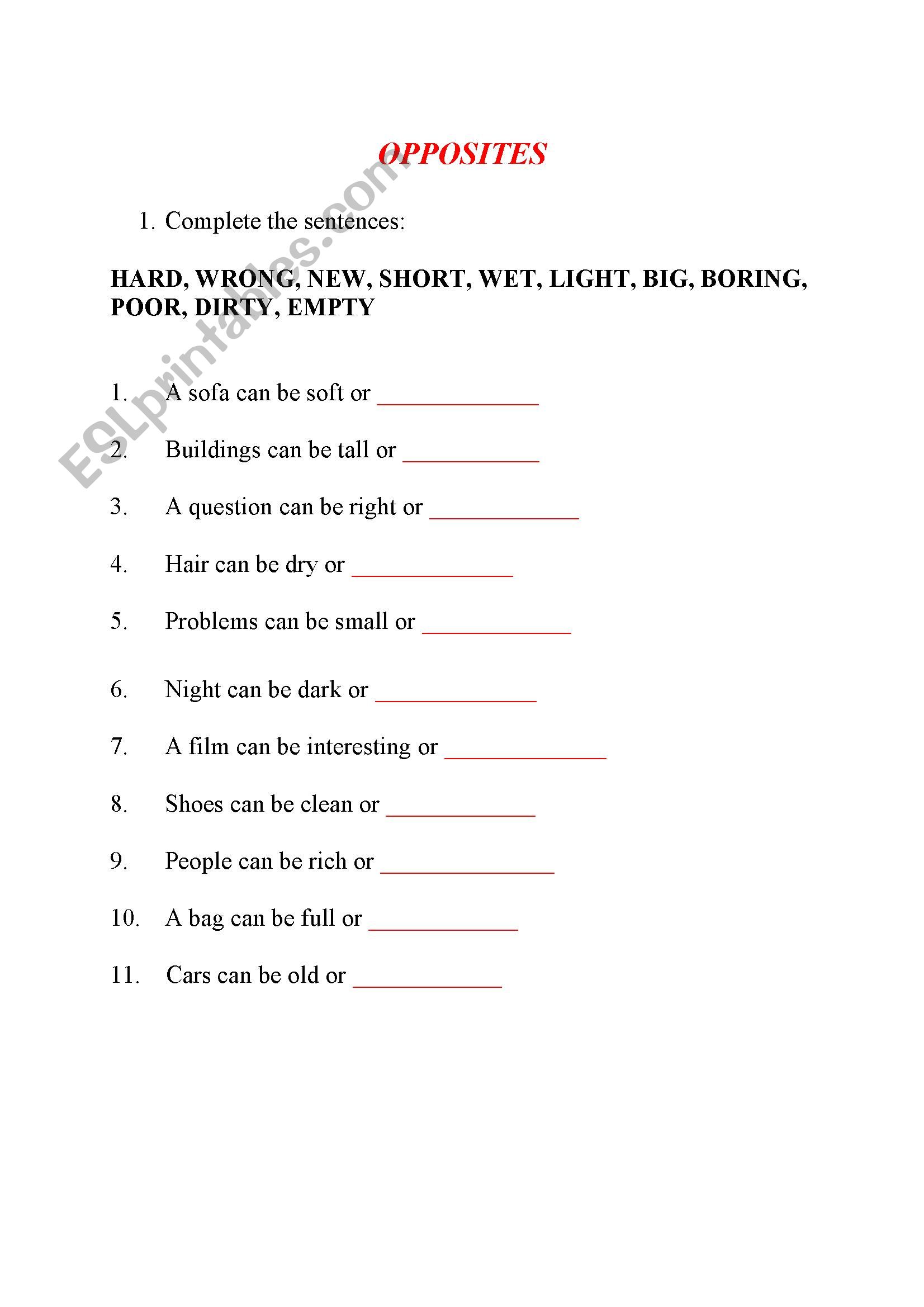 Opposites worksheet