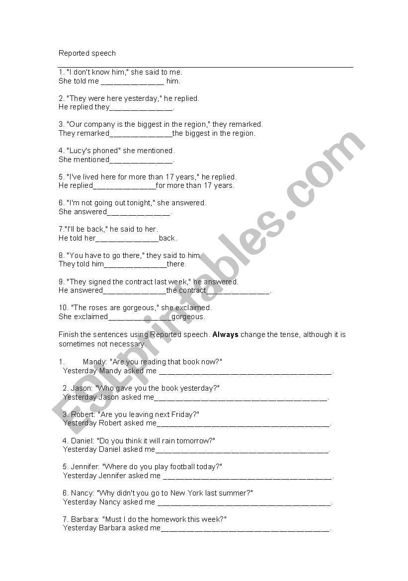 Reported Speech worksheet