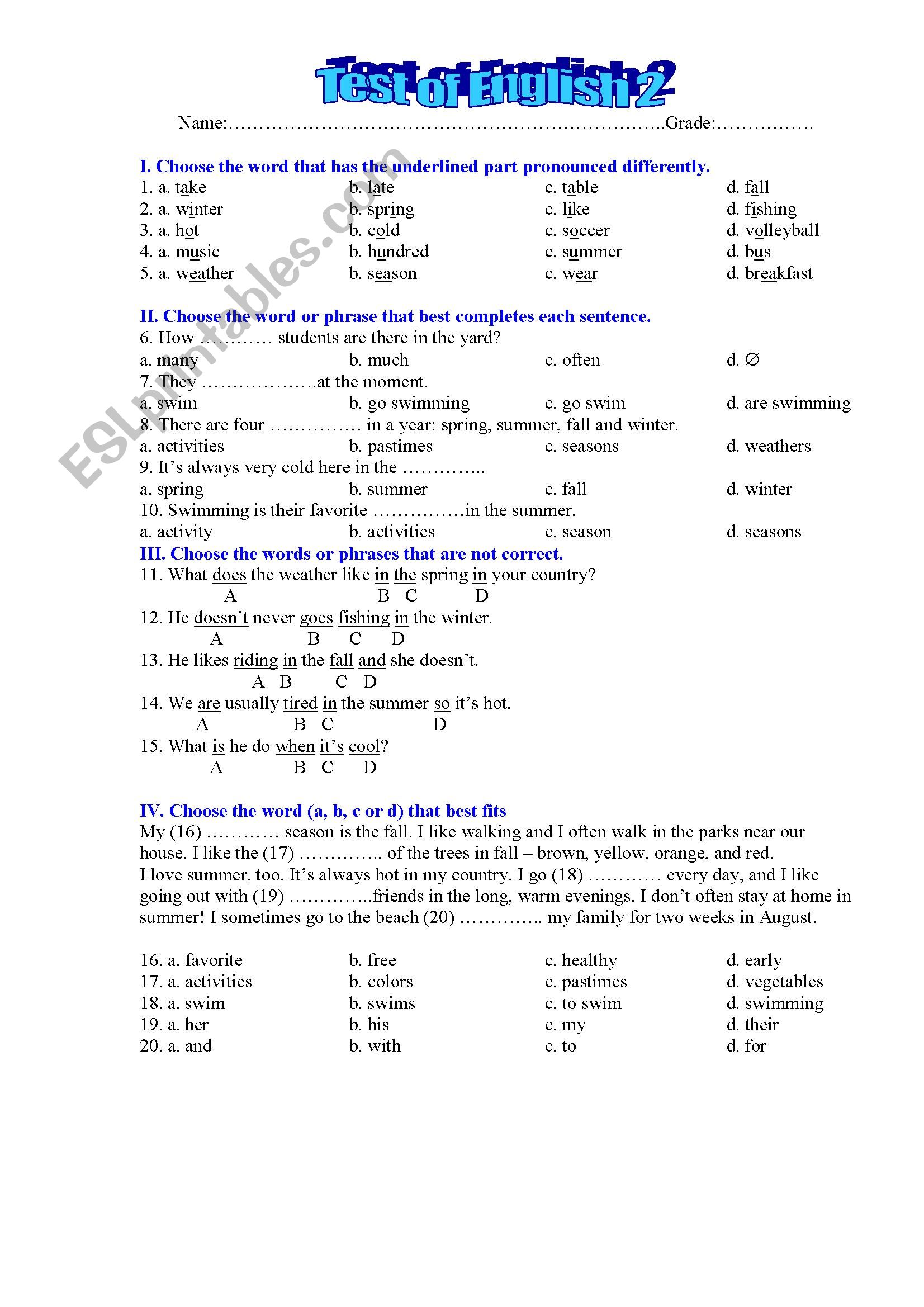 TEST OF ENGLISH worksheet