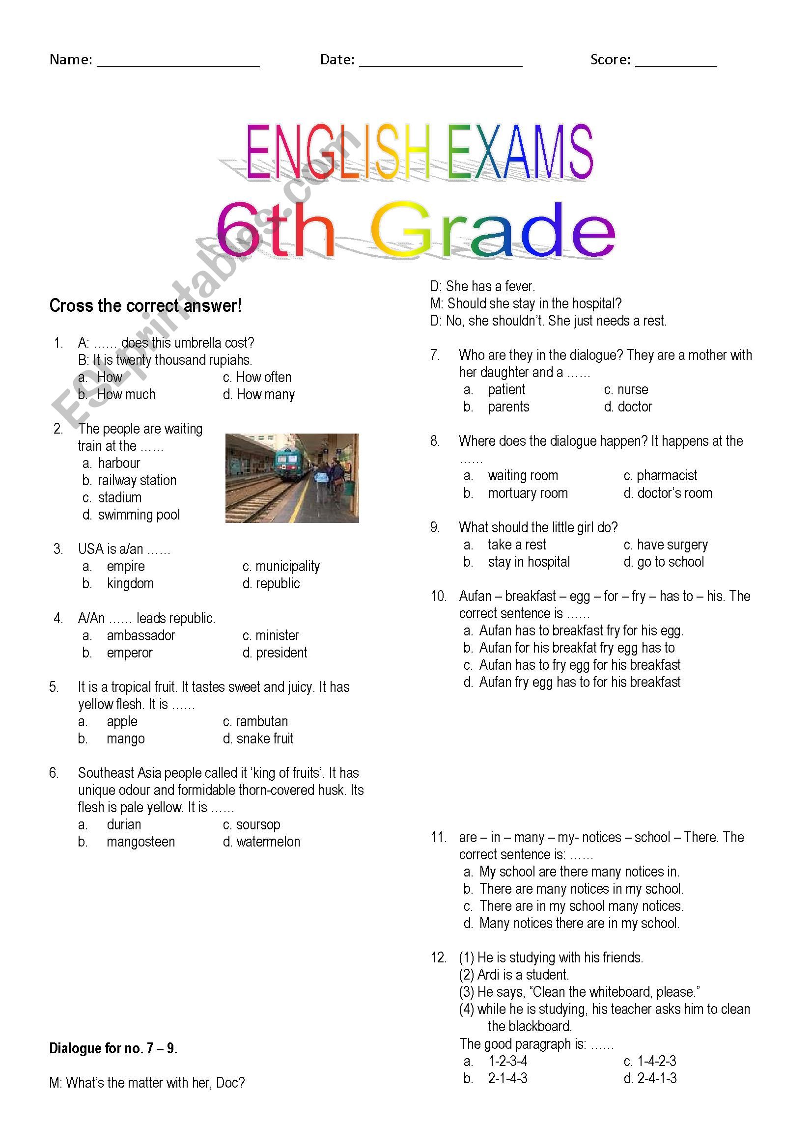 6th Grade Exam worksheet