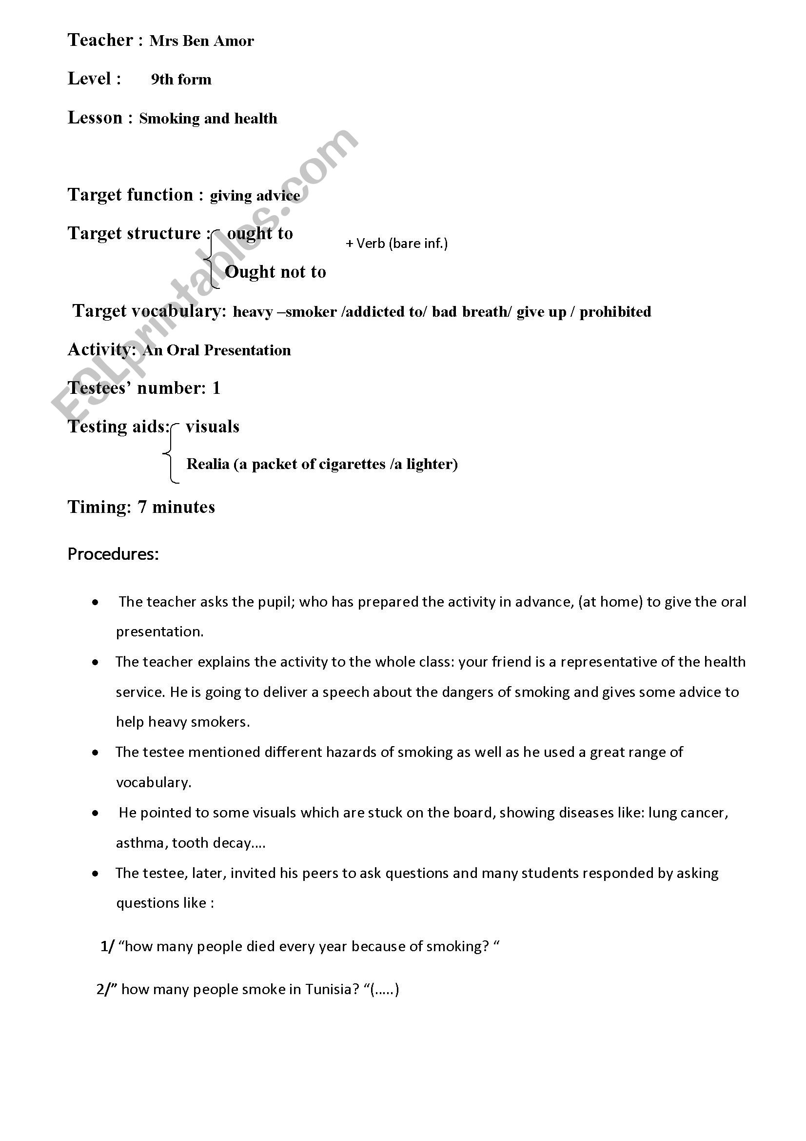 smoking and health worksheet
