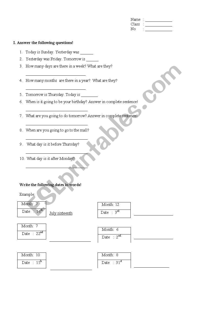 Days and Months worksheet