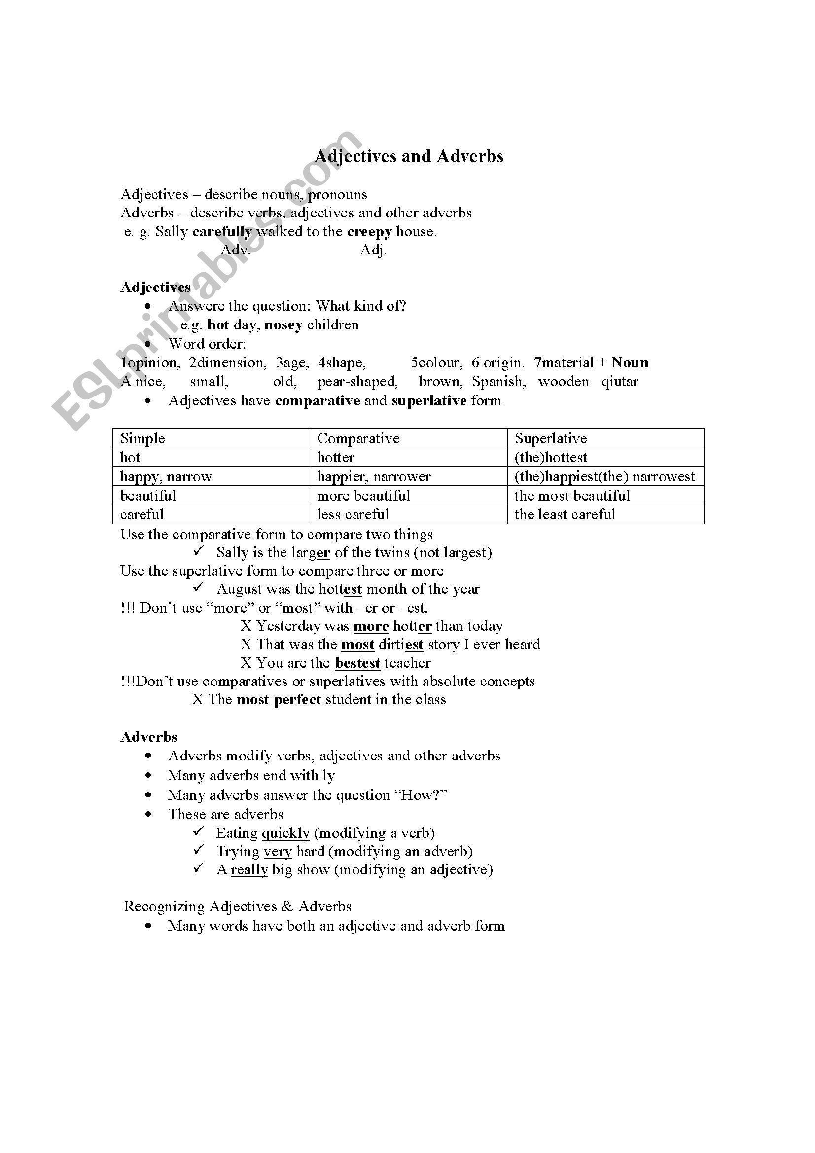 adjectives anmd adverbs worksheet
