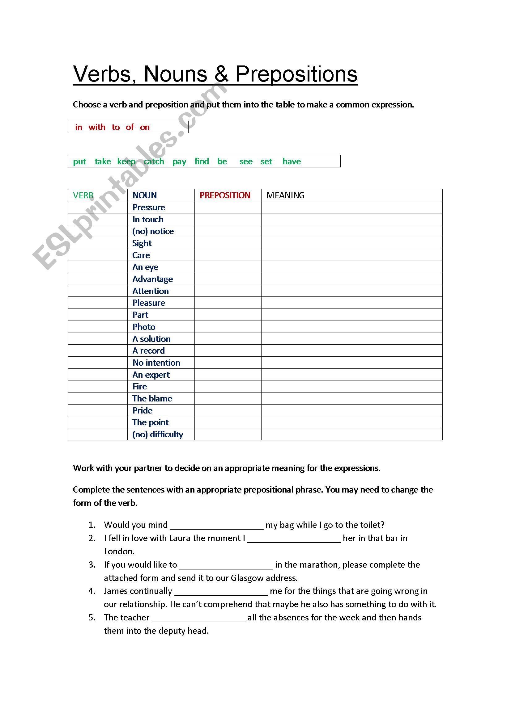 Verbs, Nouns & Prepositions (with key)