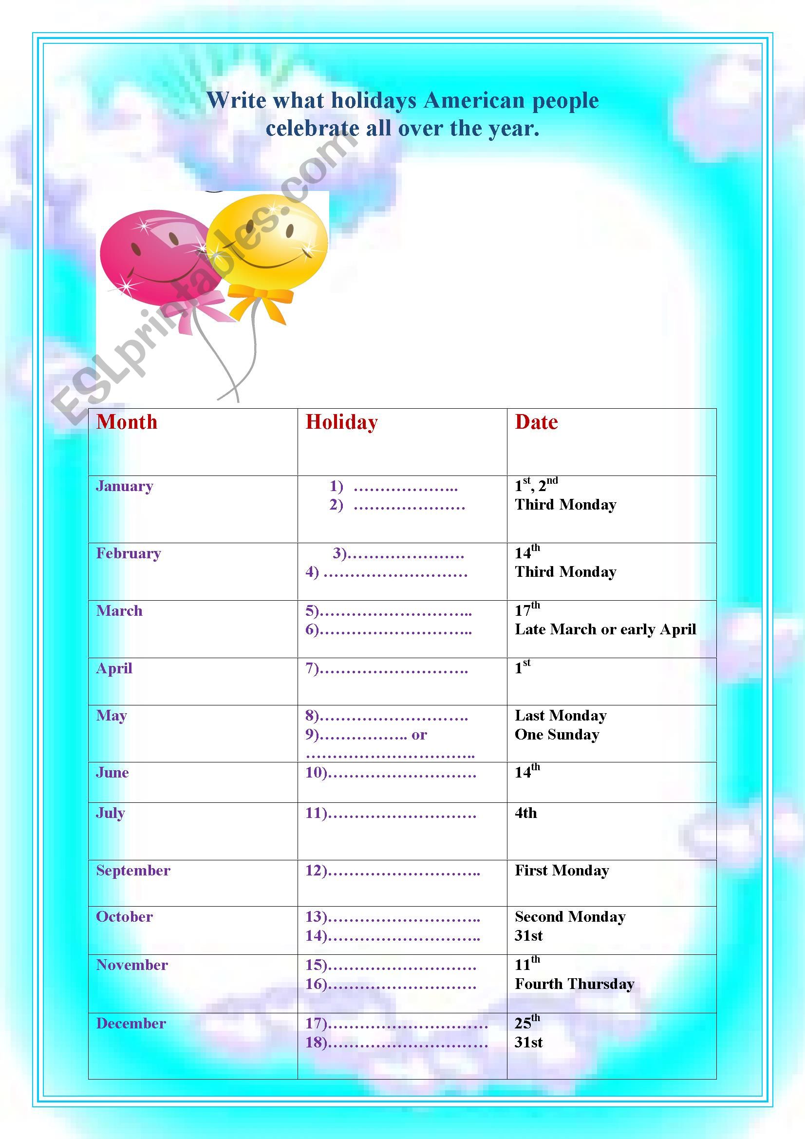 Holidays worksheet