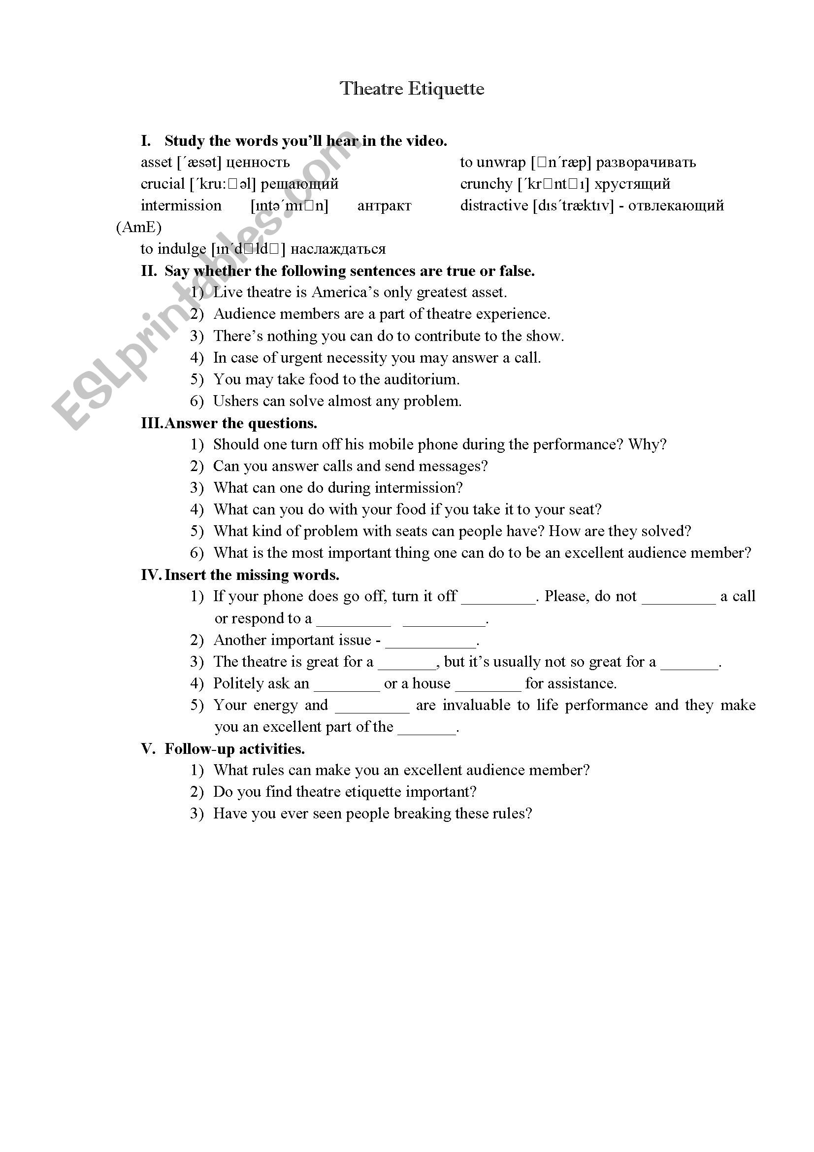 Theatre Etiquette (tasks to a video)