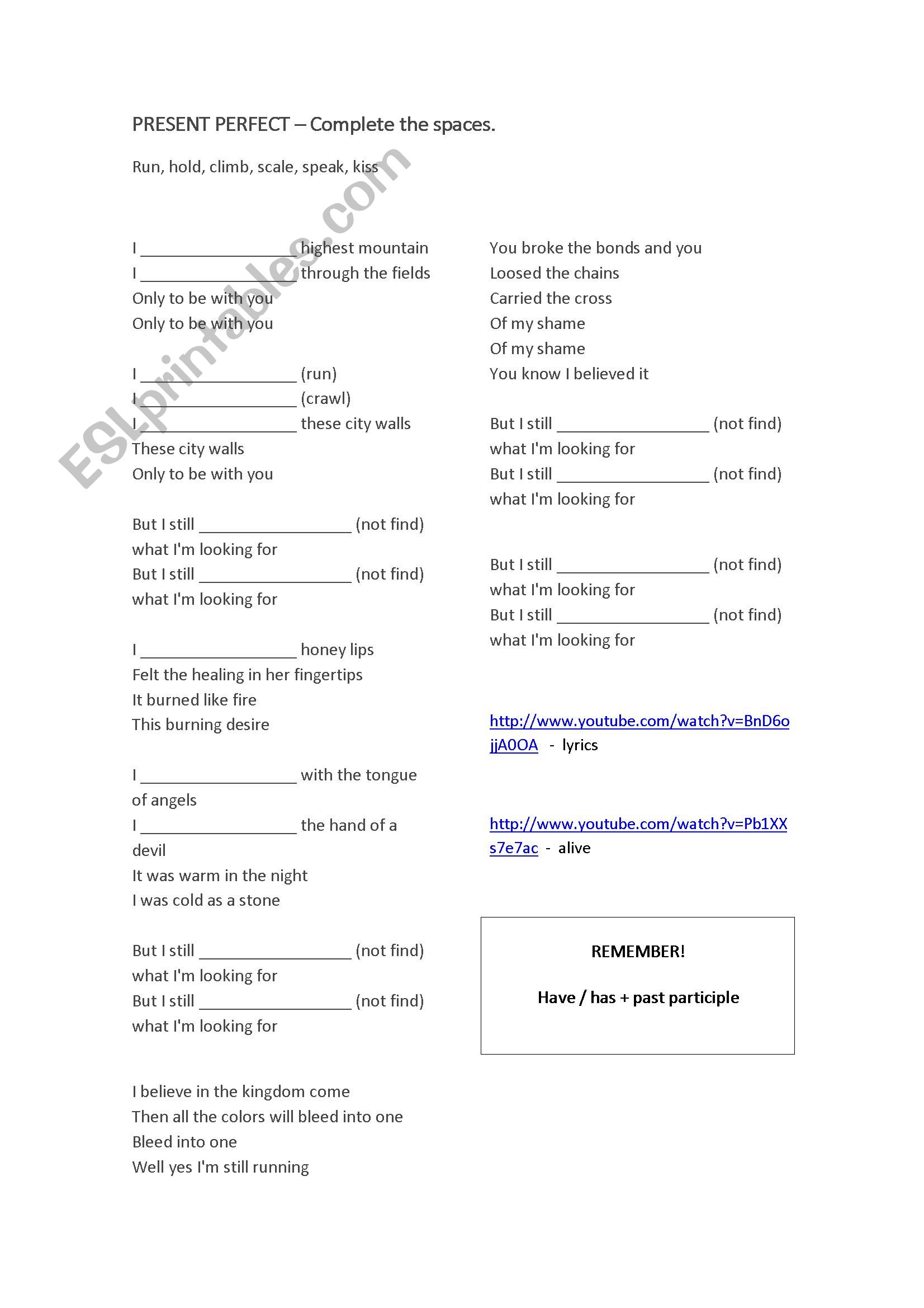 Present perfect song worksheet