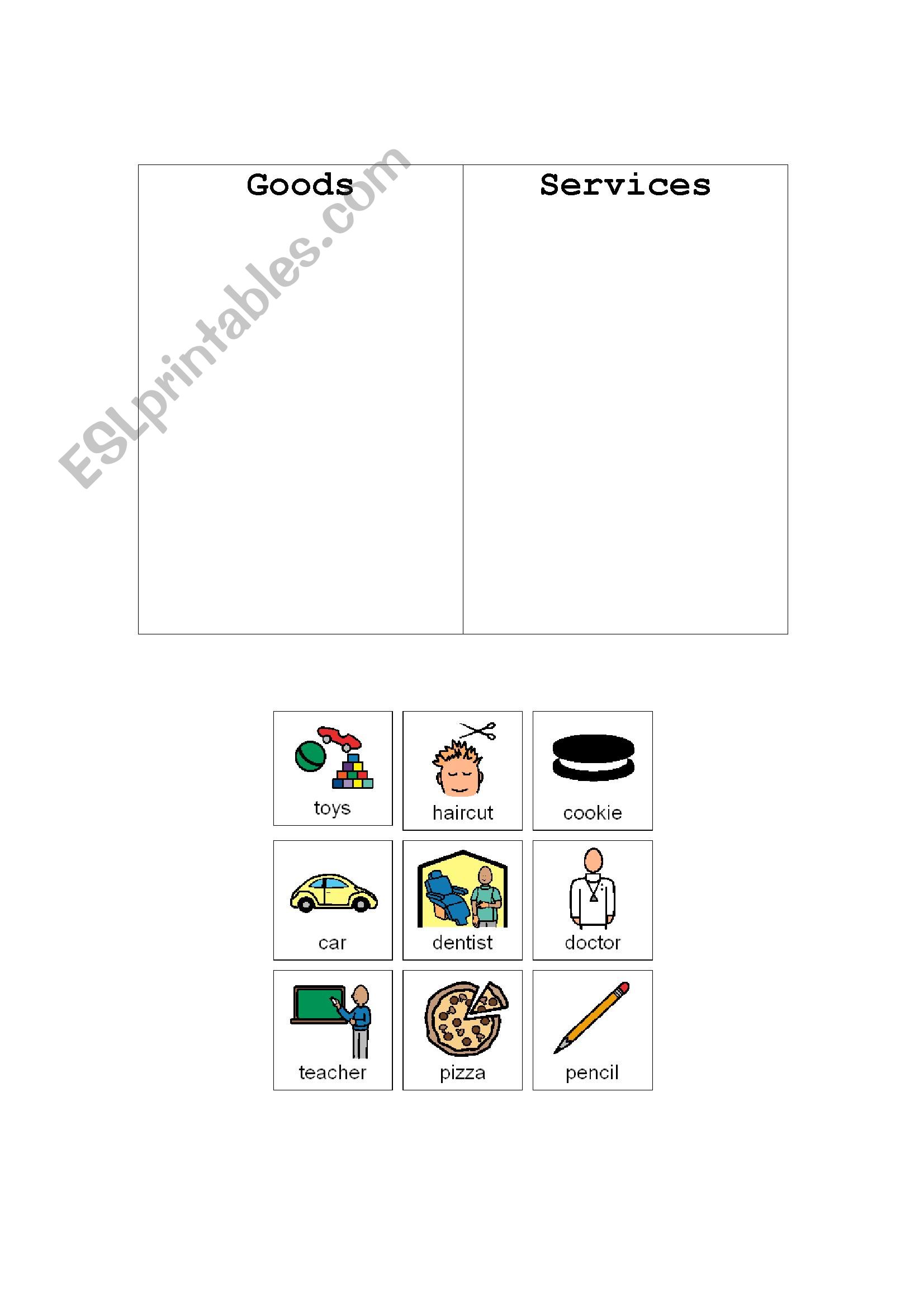 Goods and Services Sort worksheet