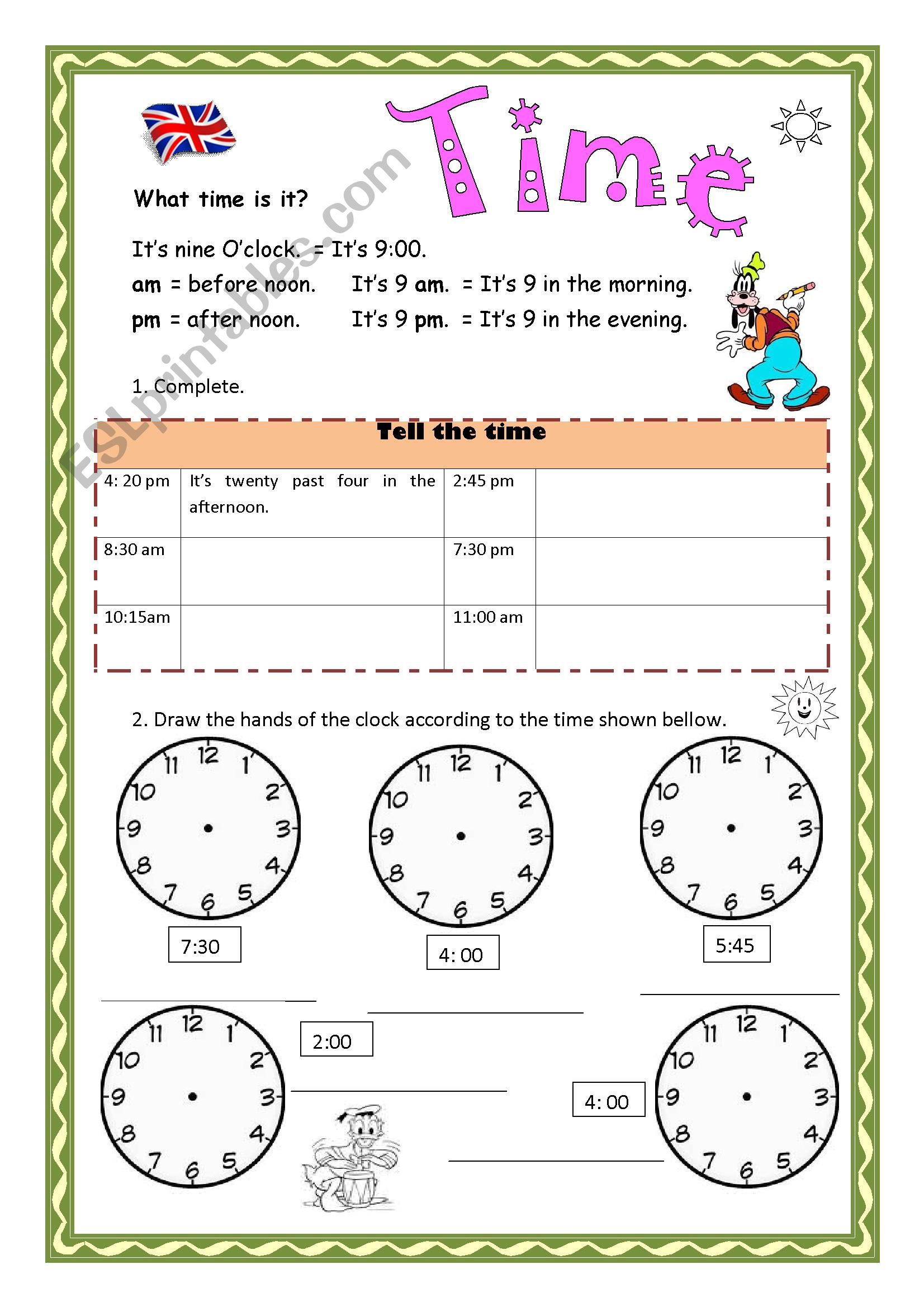 class 2 worksheet on time