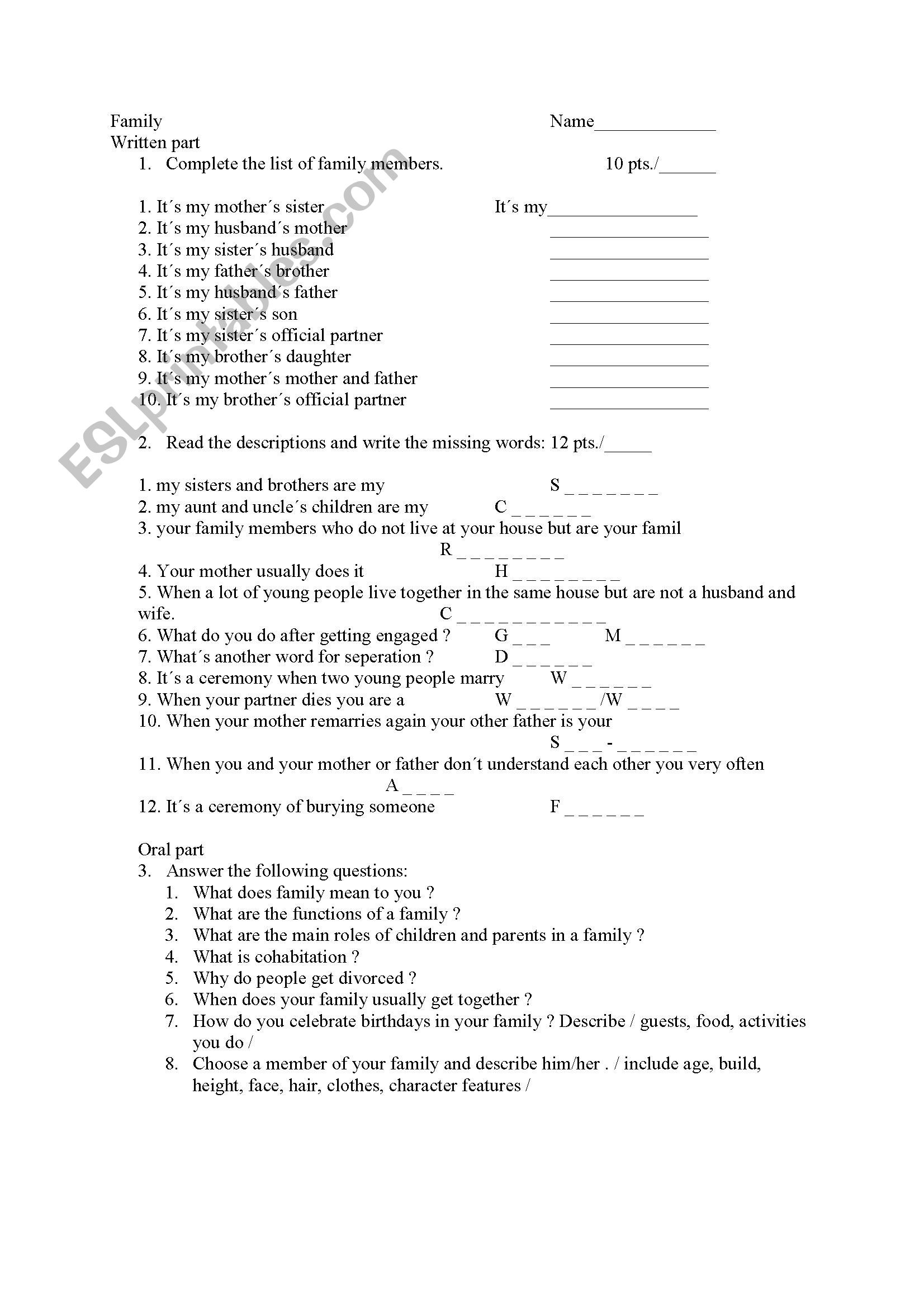 Family - test for elementary level 