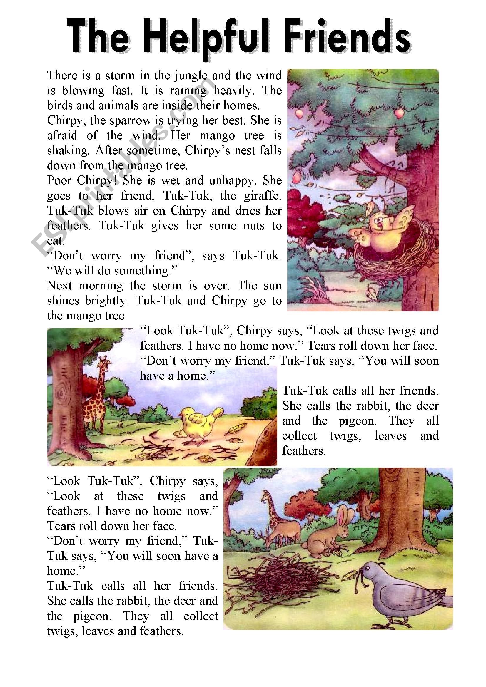 The Helpful Friends â€“ Reading Comprehension (3 Pages-Editable with Key)